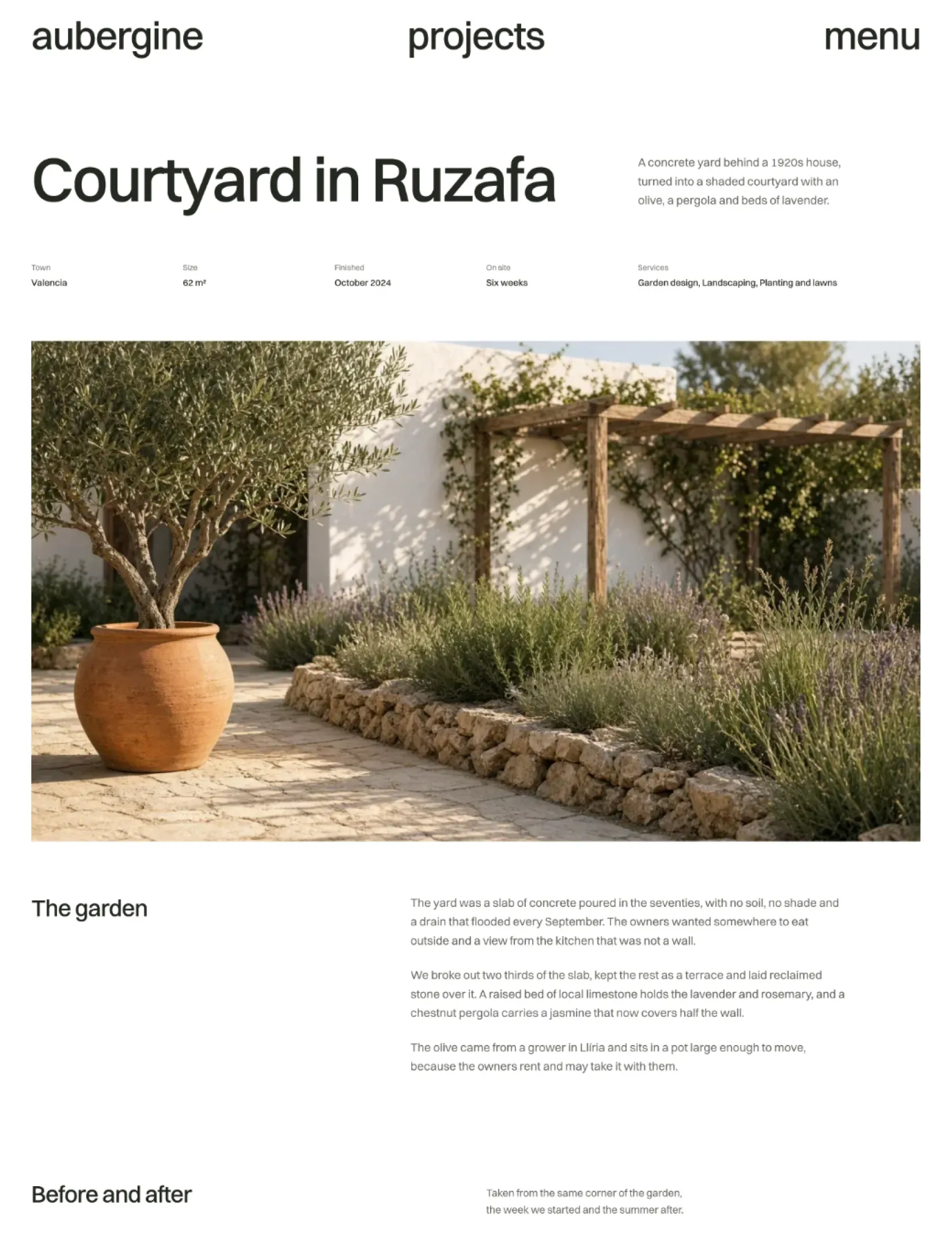 Aubergine project page with a night view of a lit garden path