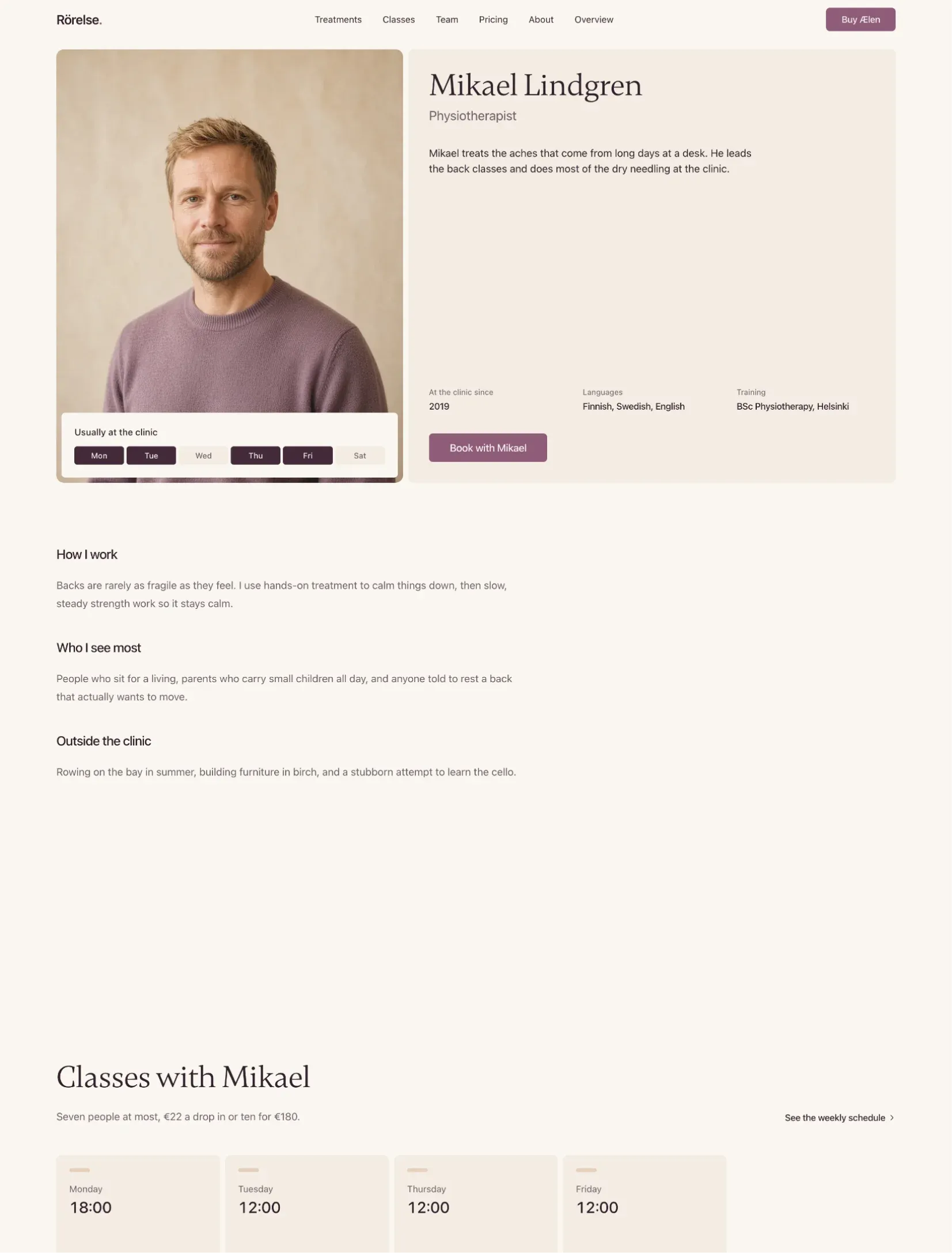 Ælen physiotherapist profile with the days at the clinic, languages and training, how they work, and their classes this week