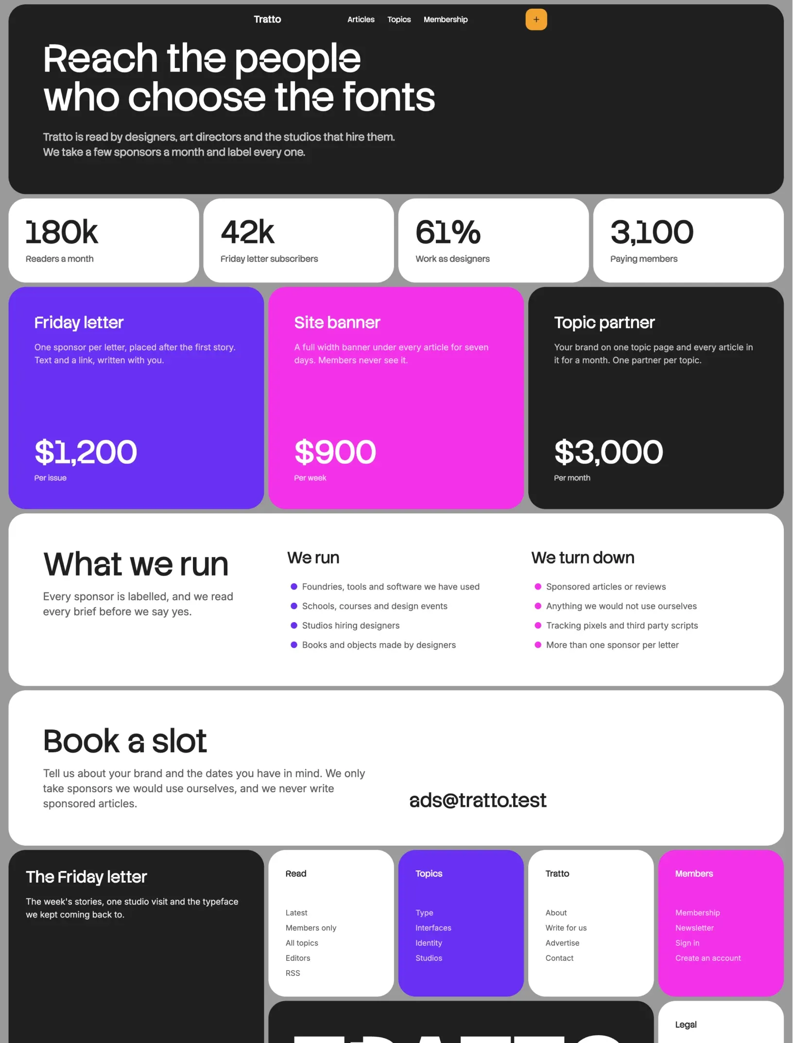 Snowpeak advertise page with audience numbers, three ad formats, the sponsor policy and a booking card