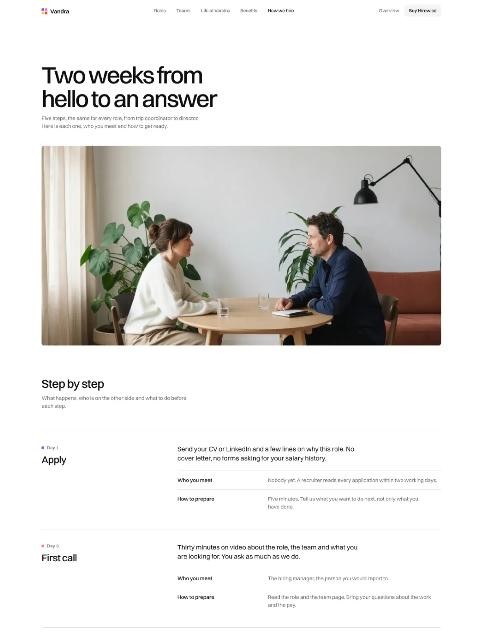 Hirewise how we hire with a photo of an interview and each step with who you meet and how to prepare