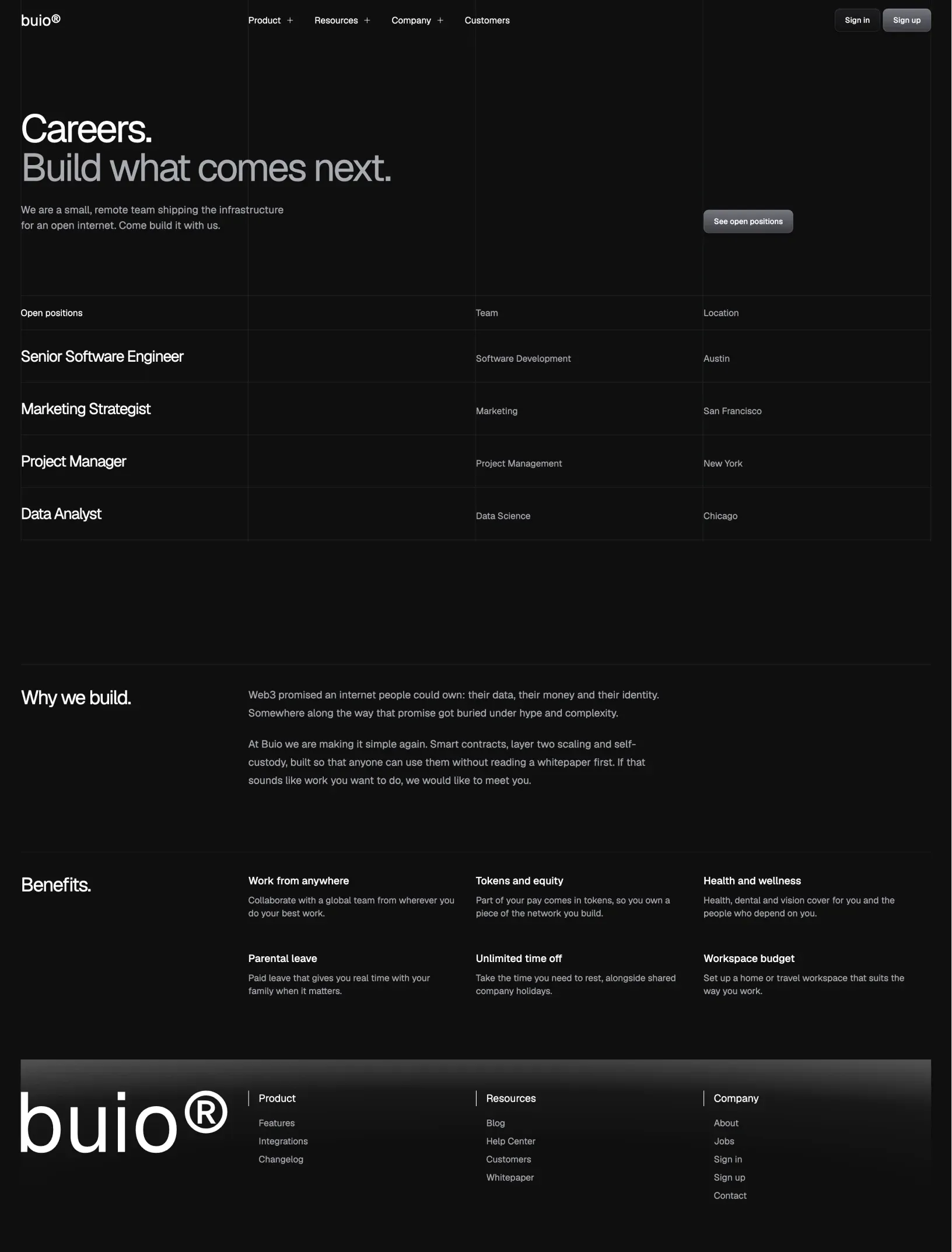 Buio careers page with open positions in a ledger by team and location, why we build and six benefits