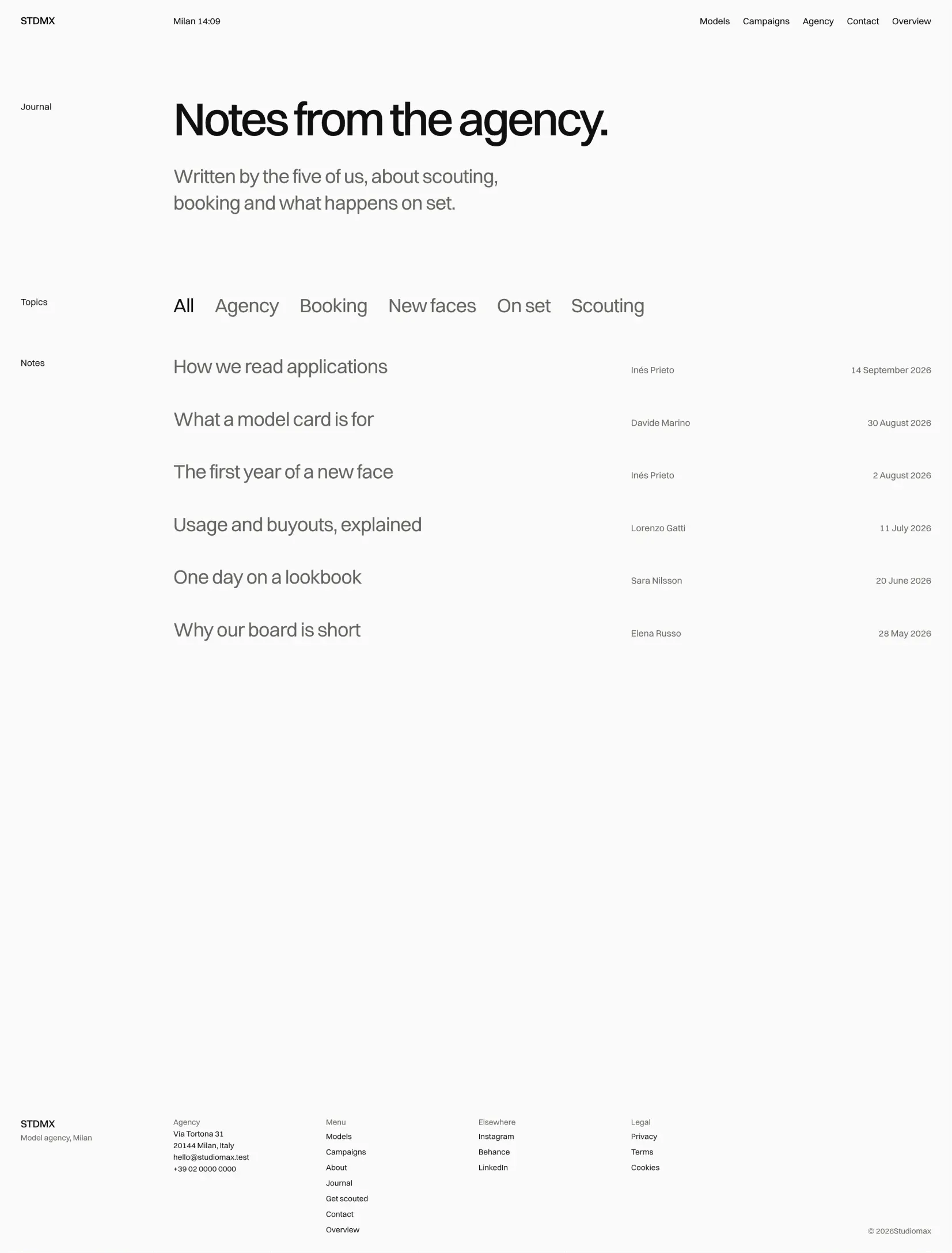 Studiomax journal with topics and a list of notes by the agents with their dates