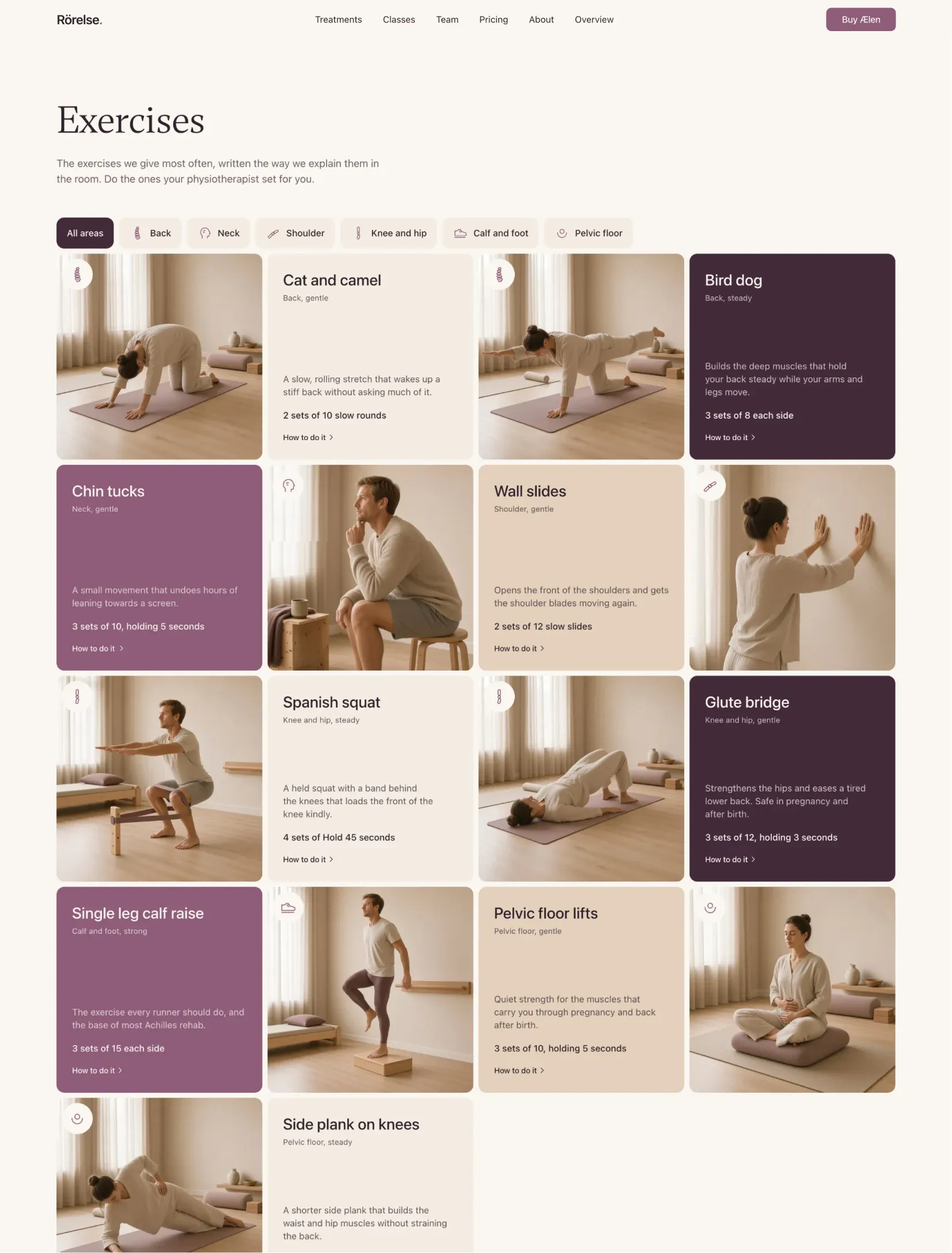 Ælen exercise library filtered by body area with icon tabs, each exercise paired with its photo, sets and reps