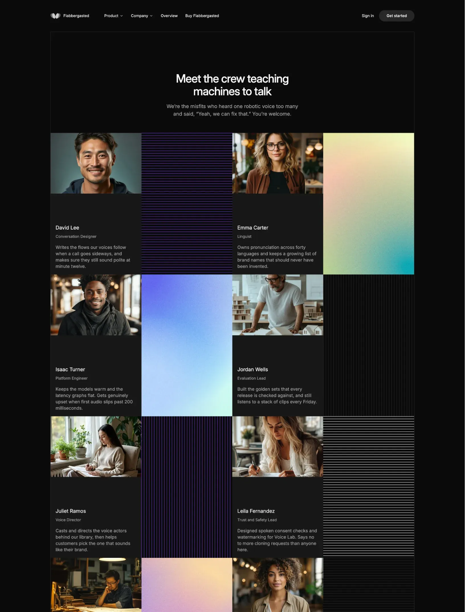 Flabbergasted team page with portraits, roles and bios on cards beside stripe and mesh panels
