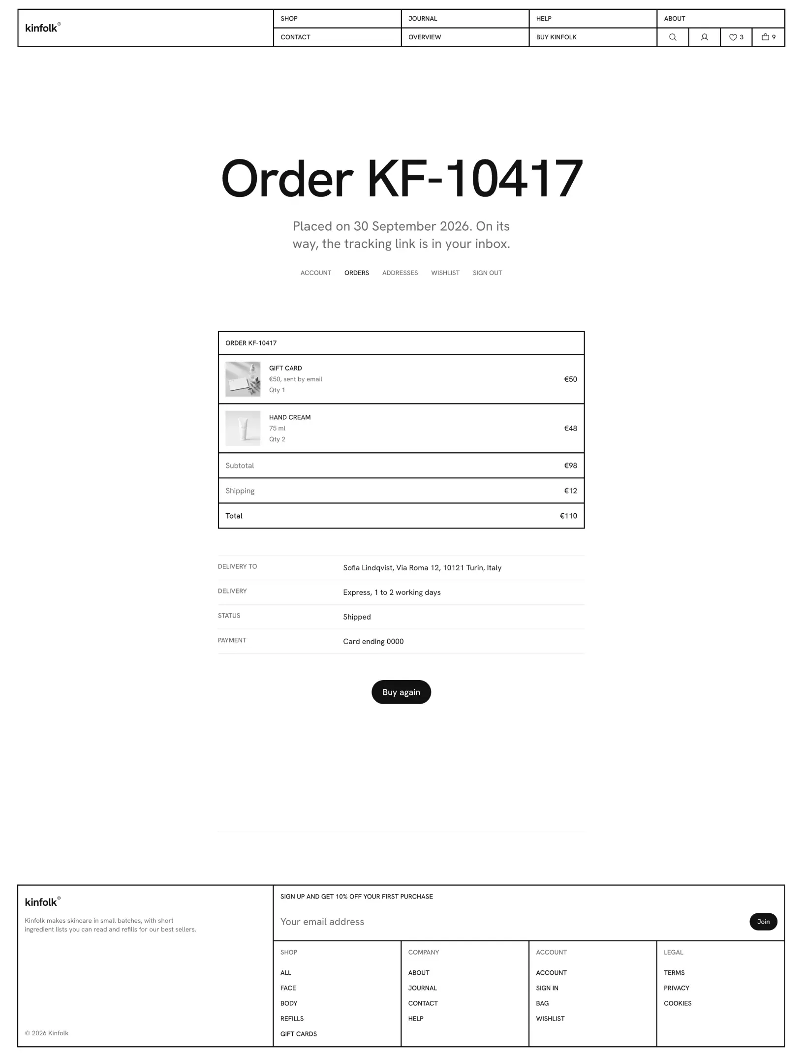 Kinfolk order page for order KF-10417 with the order box, delivery, status and payment rows and a Buy again button