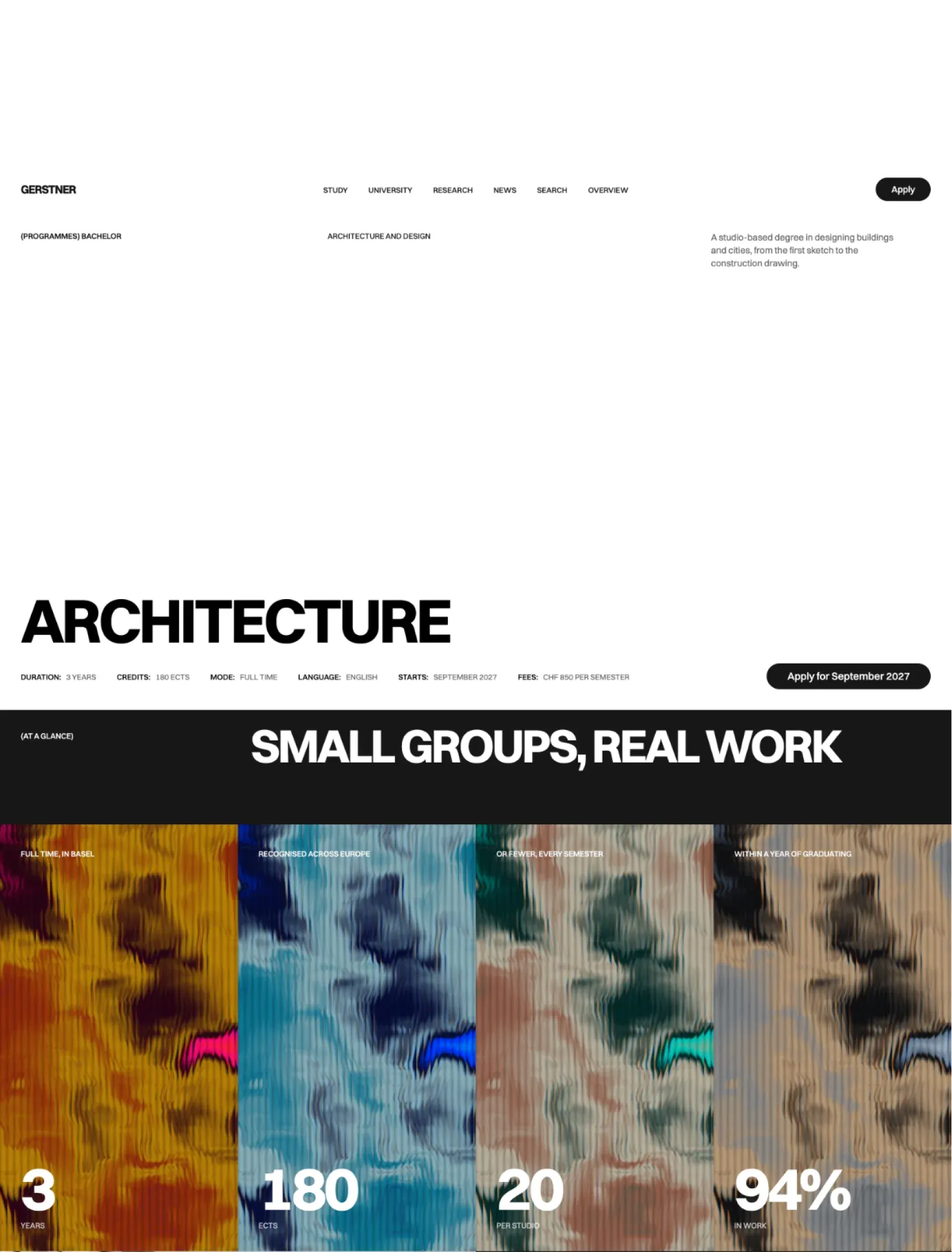 Gerstner Architecture programme page with key facts, an apply button and four figures on colour shaders