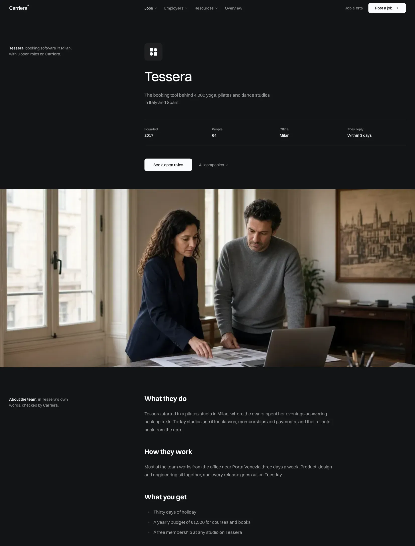 Carriera company page for Tessera with its mark, facts, a photo of two people at work in the Milan office and the team in its own words