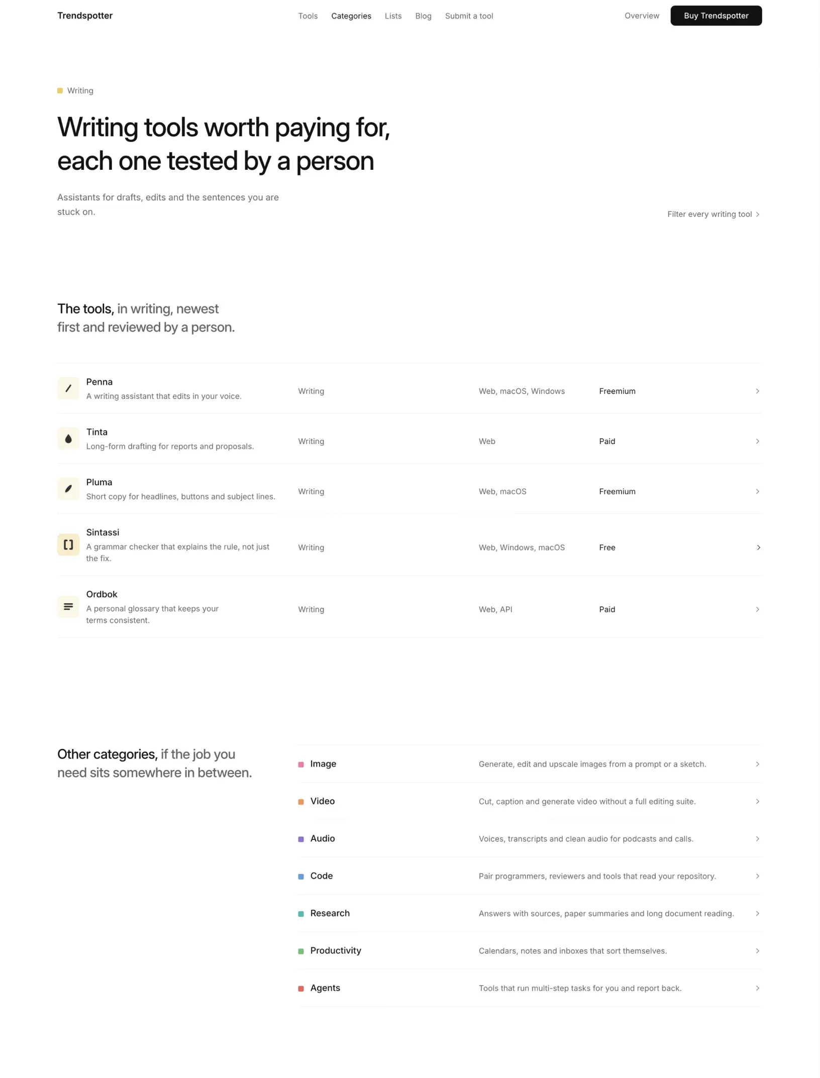 Trendspotter writing category page with its five tools as rows and the other categories, each with its colour and description