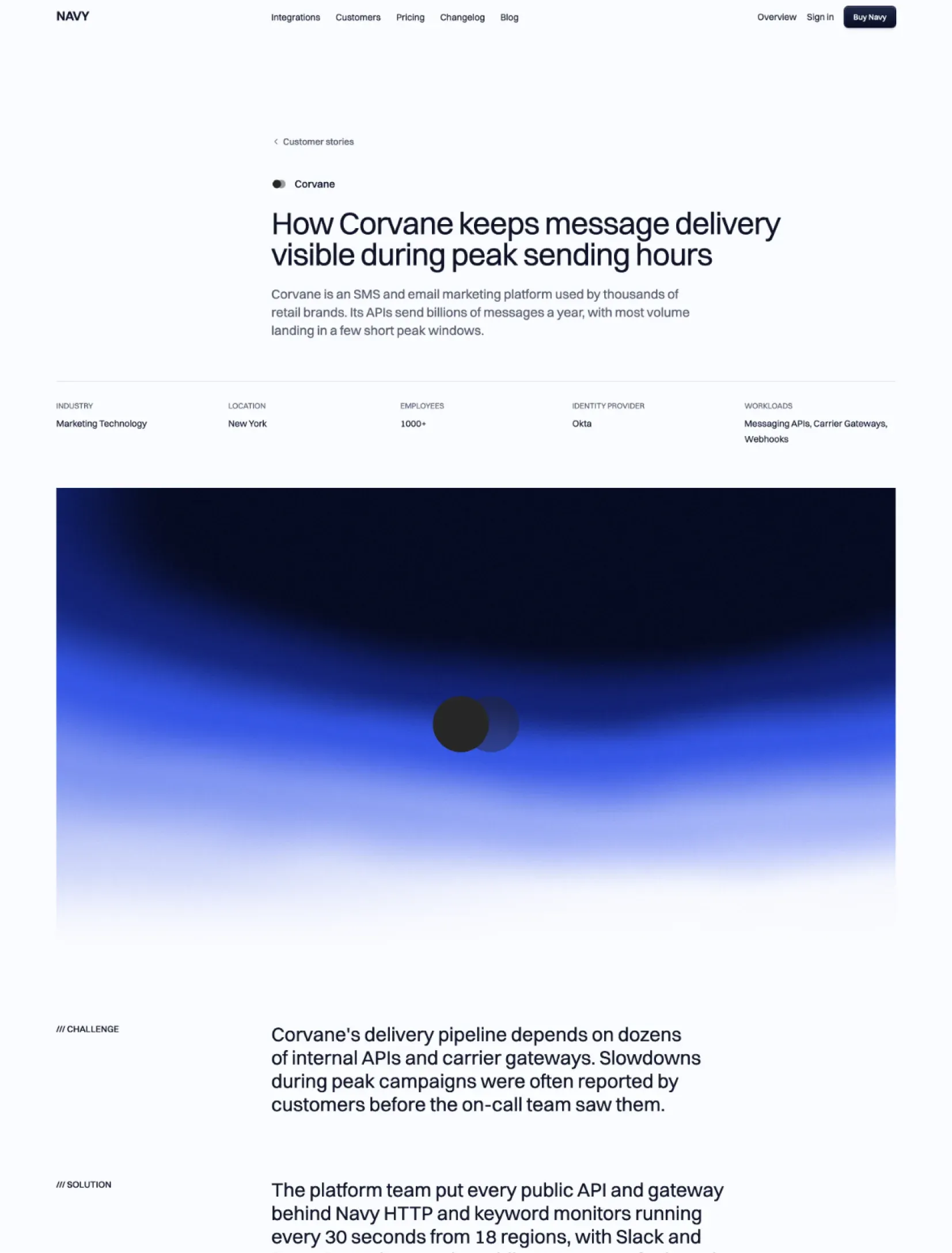 Navy customer story for Corvane with its details strip and the Corvane logo on a large gradient shader panel above the challenge and solution