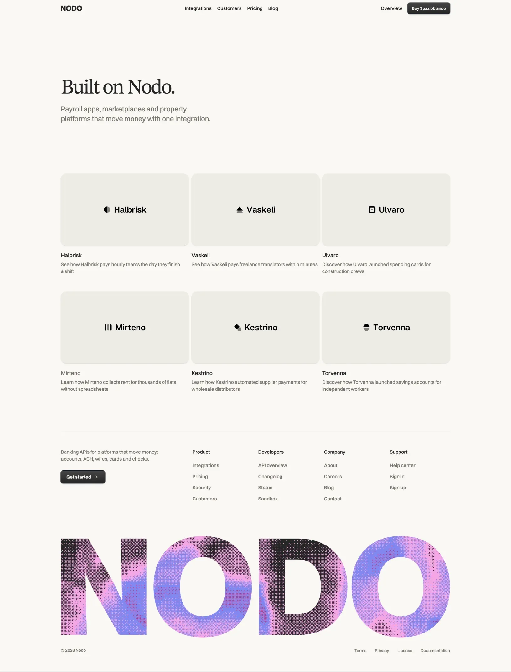 Spaziobianco customers index with logo cards and the shader footer wordmark