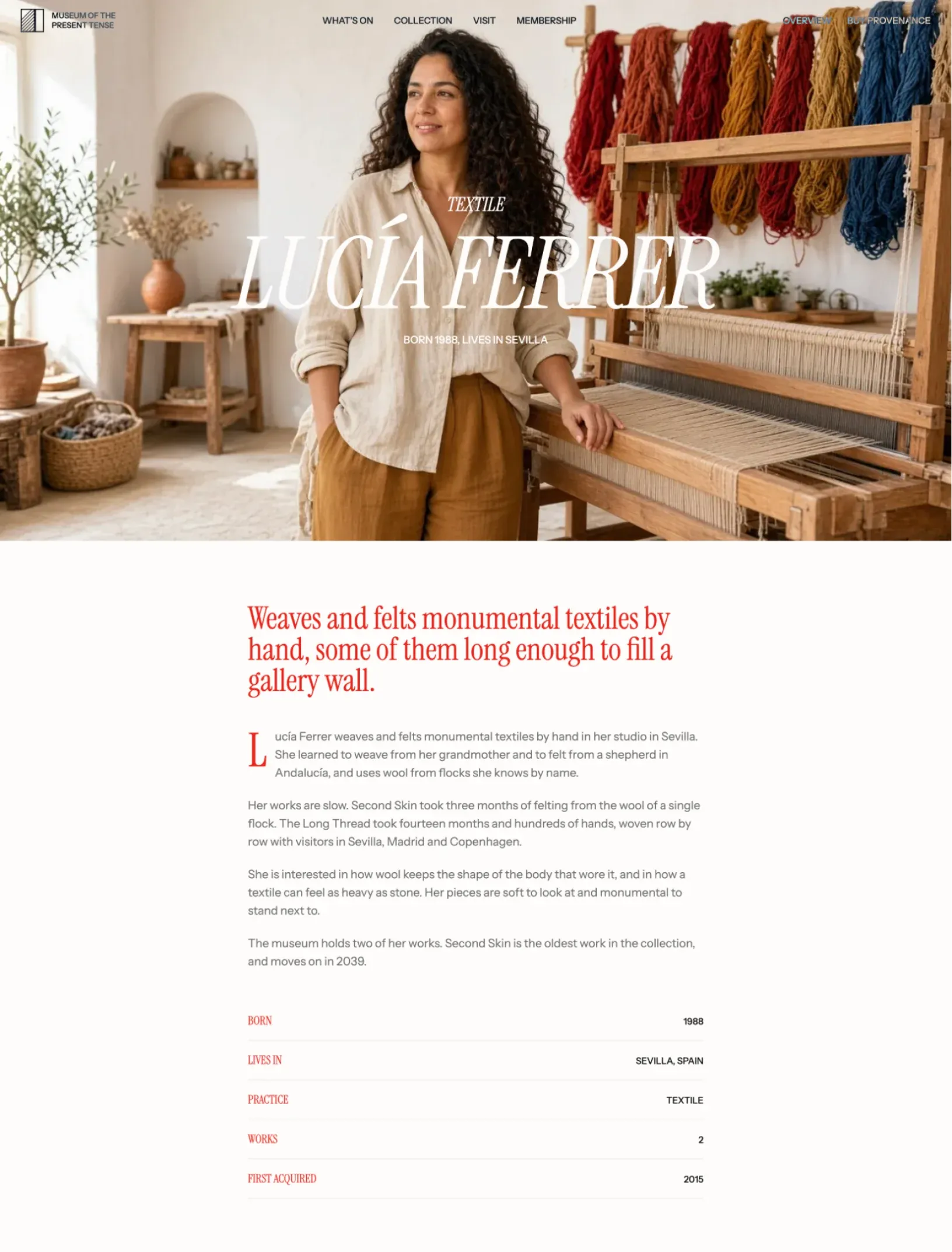 Offcut artist page for Lucía Ferrer standing at her loom with skeins of red, ochre and blue wool, a red lead paragraph, her bio with a drop cap and facts for born, lives in, practice and works