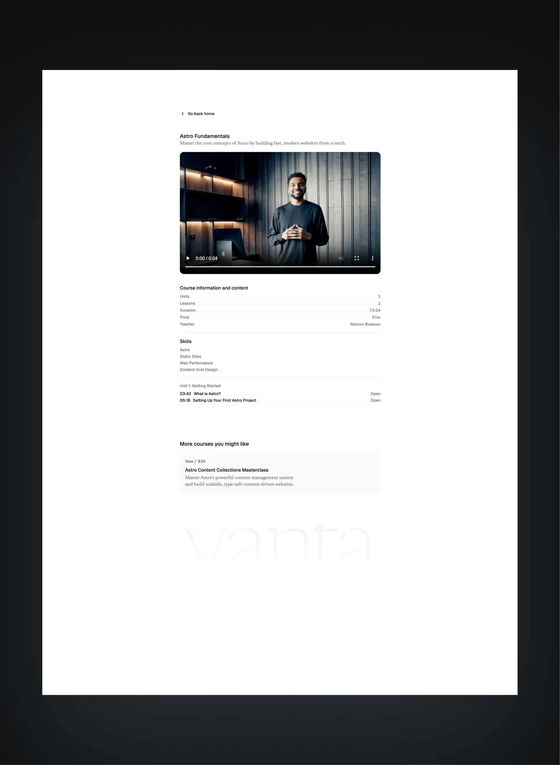 Vanta lesson progress tracking