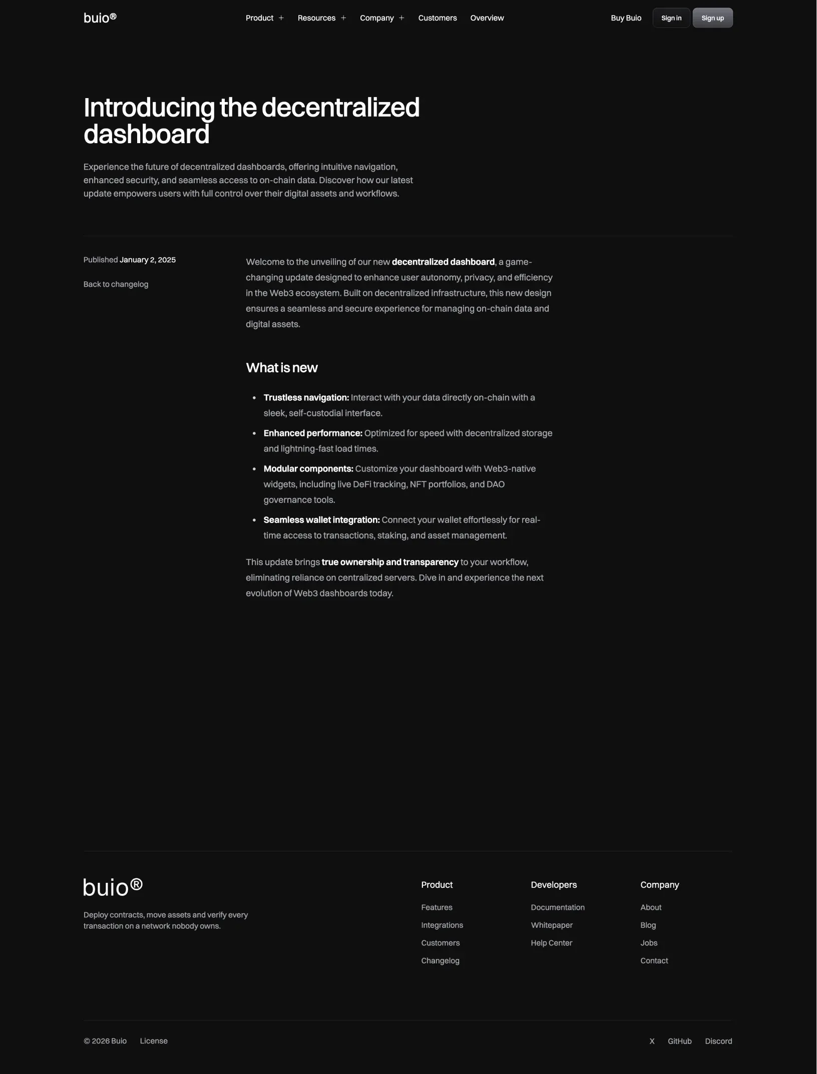 Buio changelog entry with the publish date beside the article and its What is new list