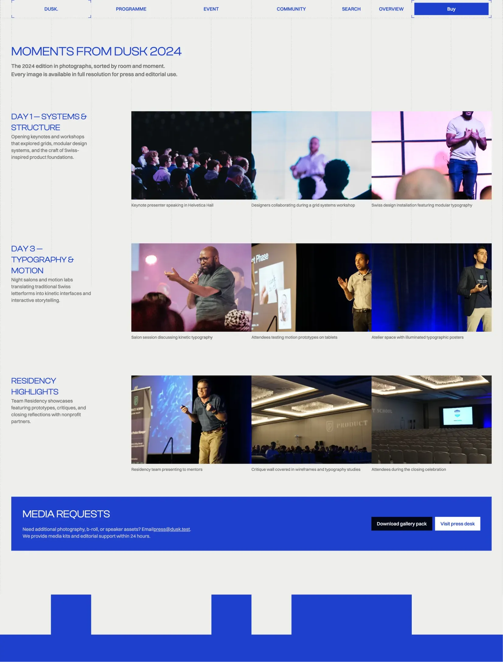 Dusk gallery of the 2024 edition with photos sorted by day and a media requests panel