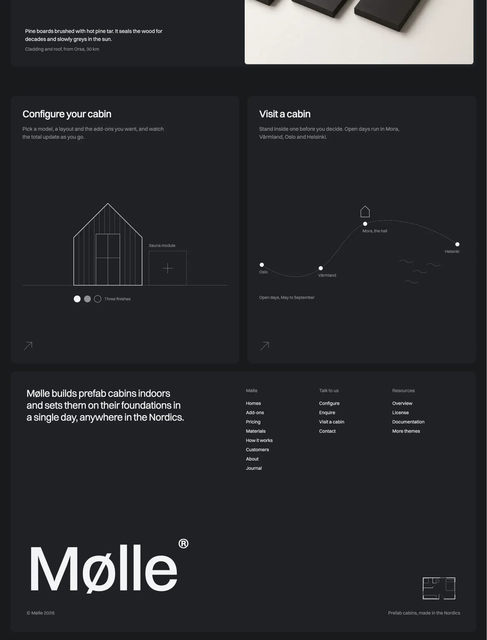 Mølle closing cards with line drawings for configuring and visiting a cabin, above the footer with links and a large Mølle wordmark