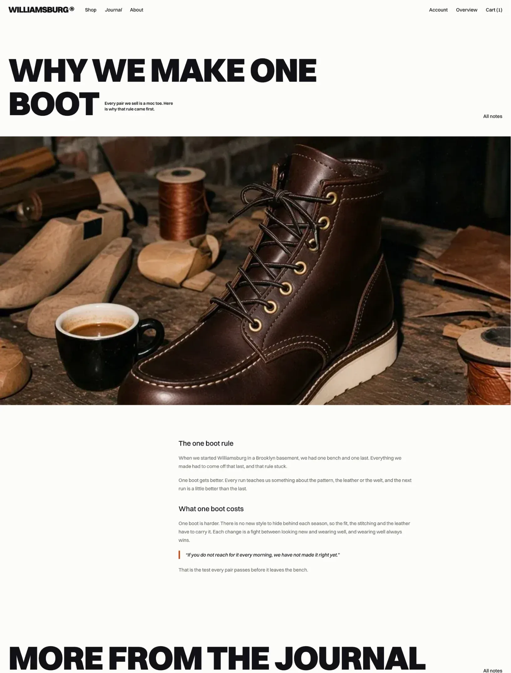 Williamsburg journal post Why we make one boot with the description as a note, a full-bleed photo of a dark brown boot on the bench and the article below