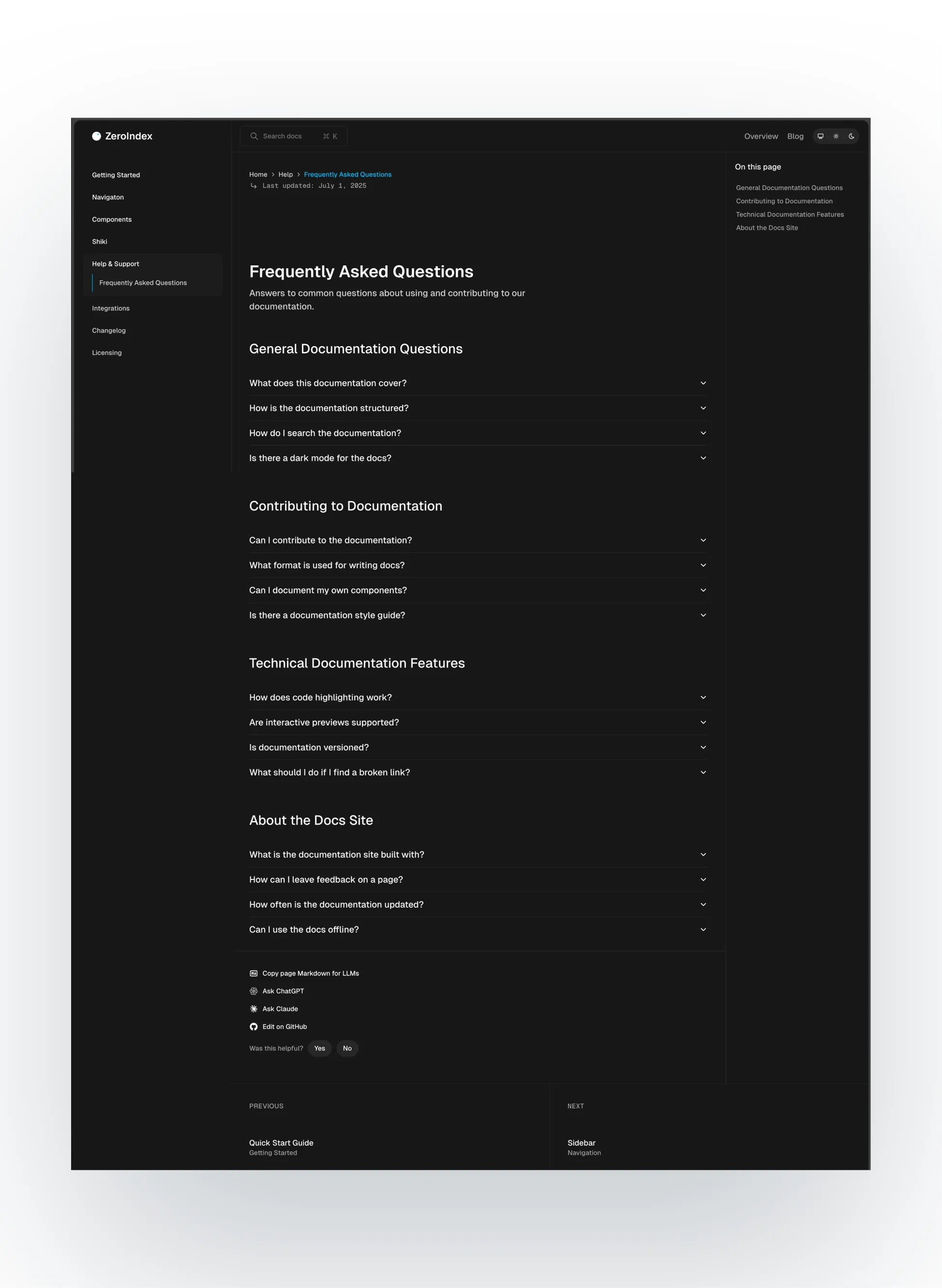 ZeroIndex navigation menu