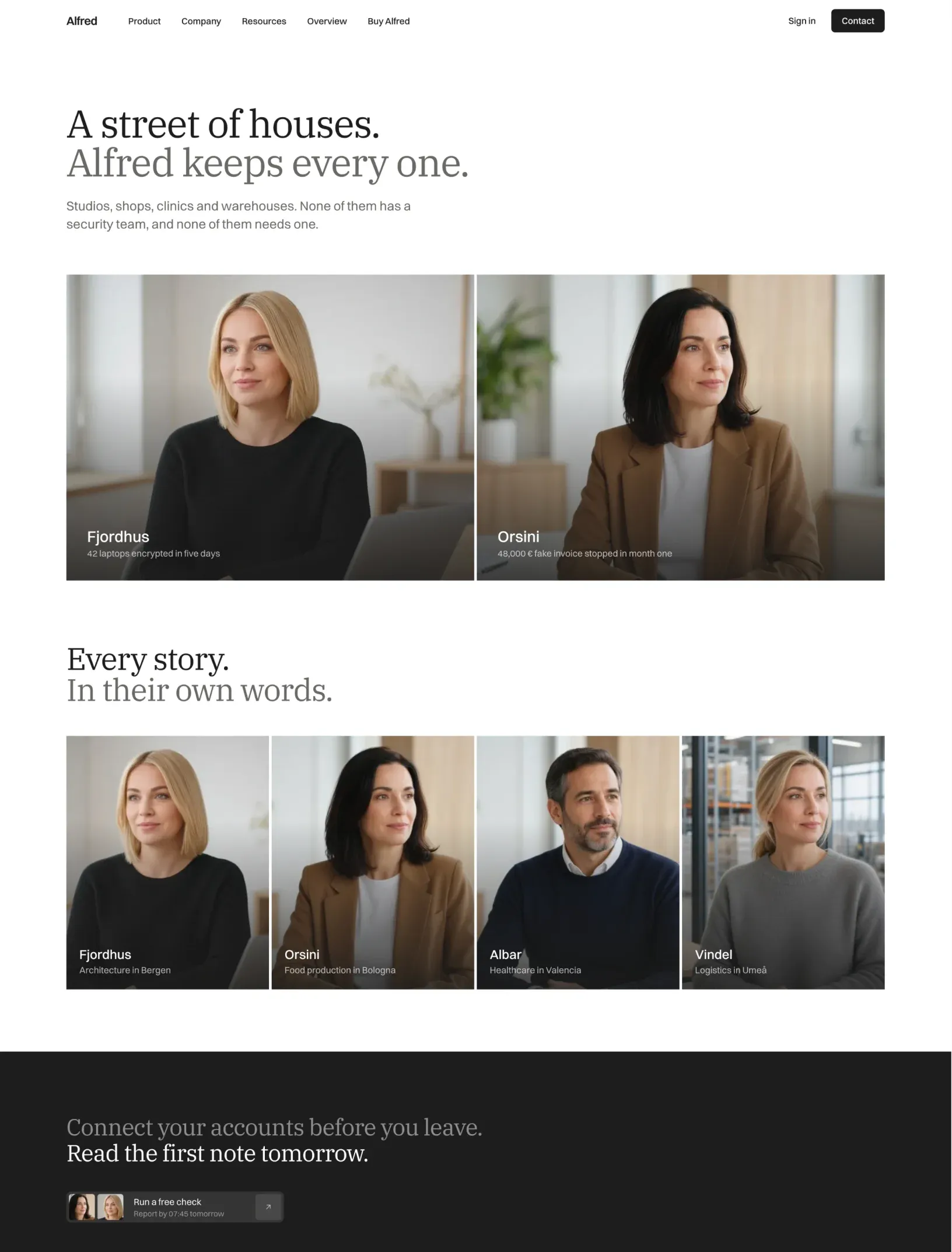 Alfred customers page with two featured photo tiles for Fjordhus and Orsini, four story tiles and the dark closing call to action