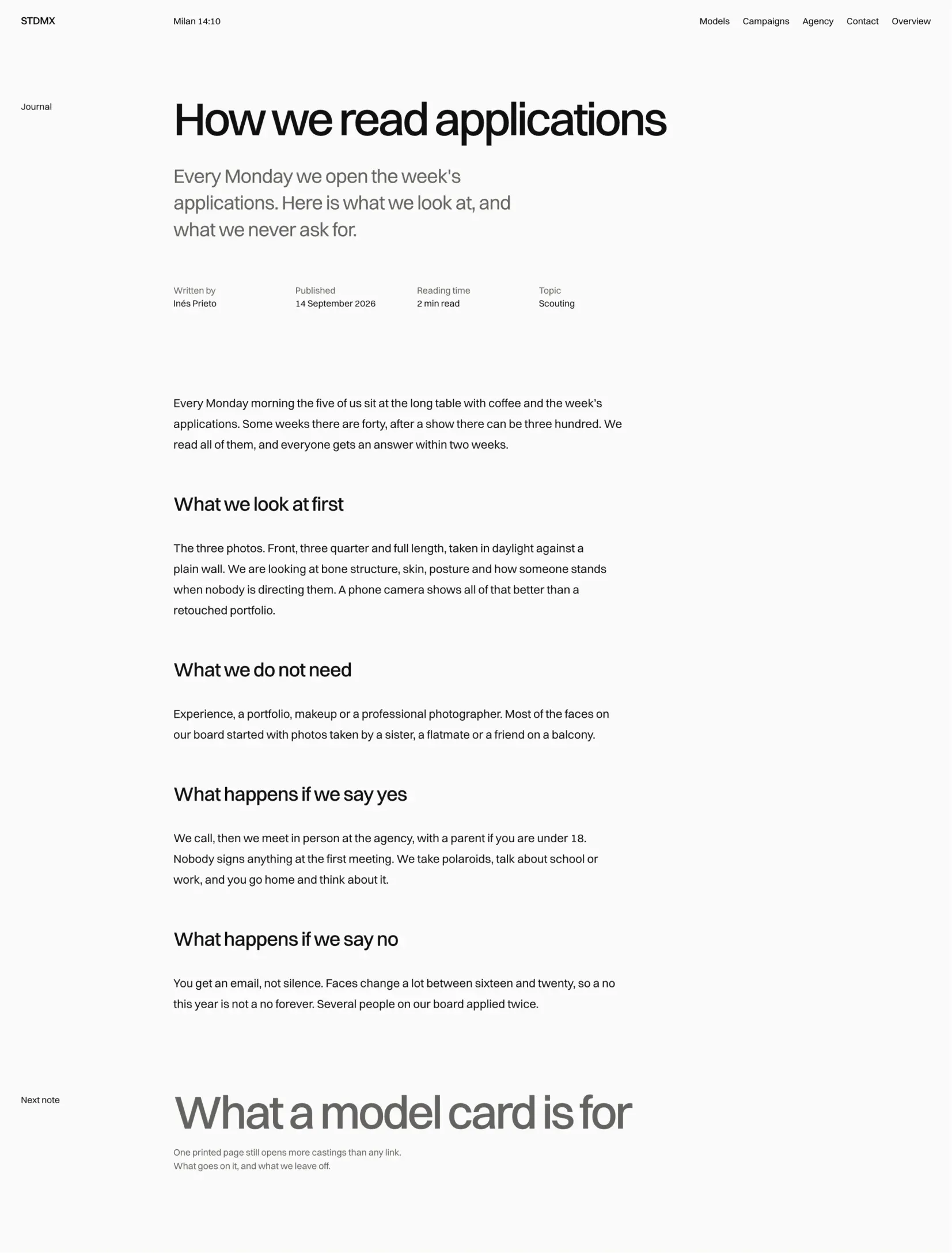 Studiomax journal post on how the agency reads applications, with the author, date, reading time and topic