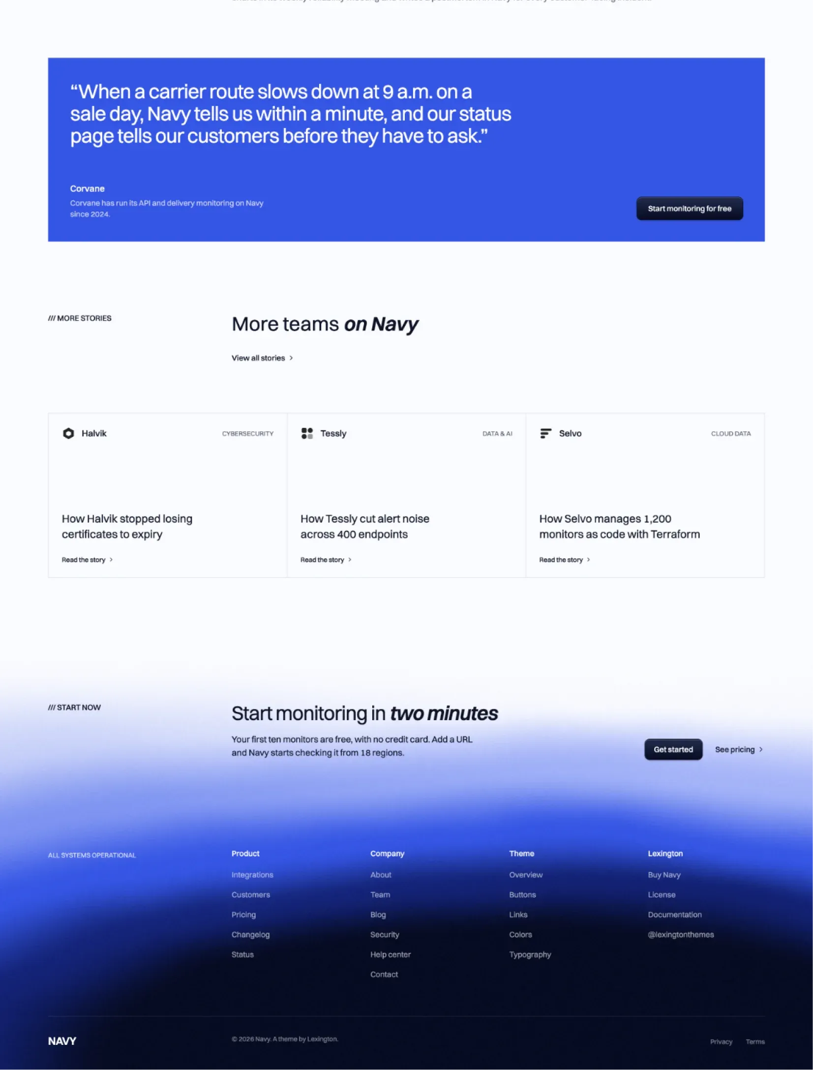 Navy customer story ending with the Corvane quote on an ultramarine panel, more customer stories and the footer rising out of the navy gradient shader