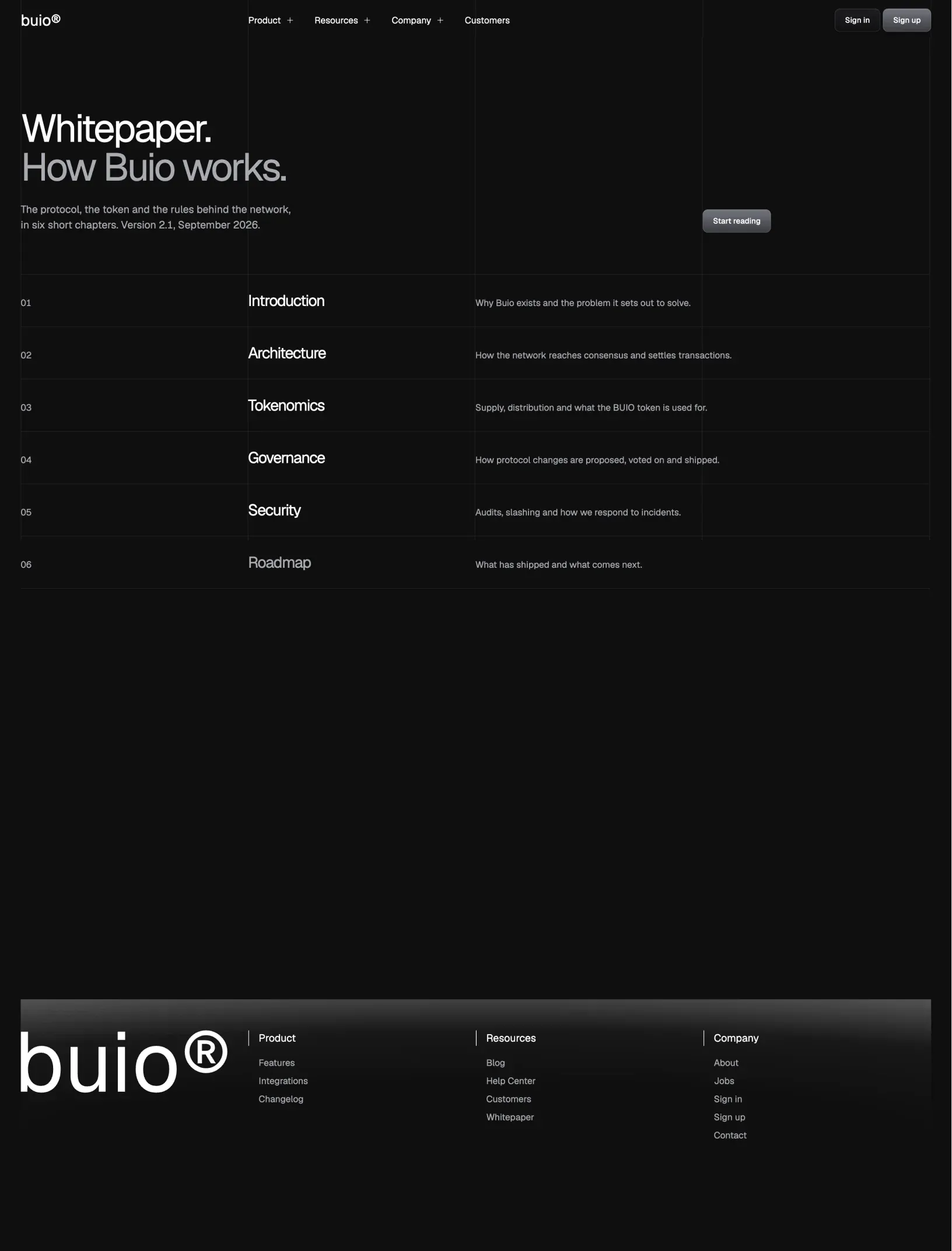 Buio whitepaper cover with How Buio works and six numbered chapters in ruled rows with their descriptions