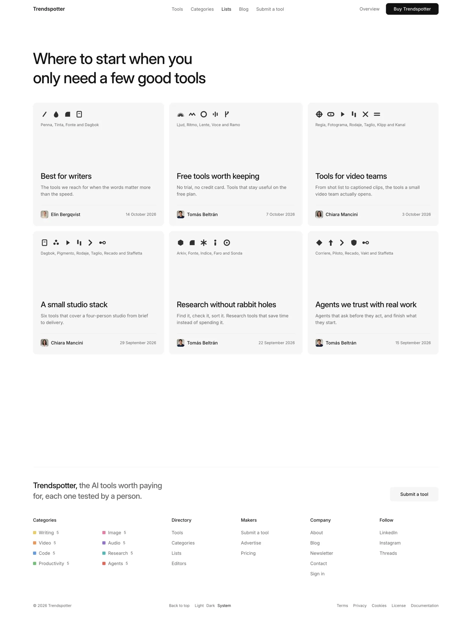 Trendspotter lists page with six curated lists, such as best for writers and free tools worth keeping, each with its tool symbols and editor