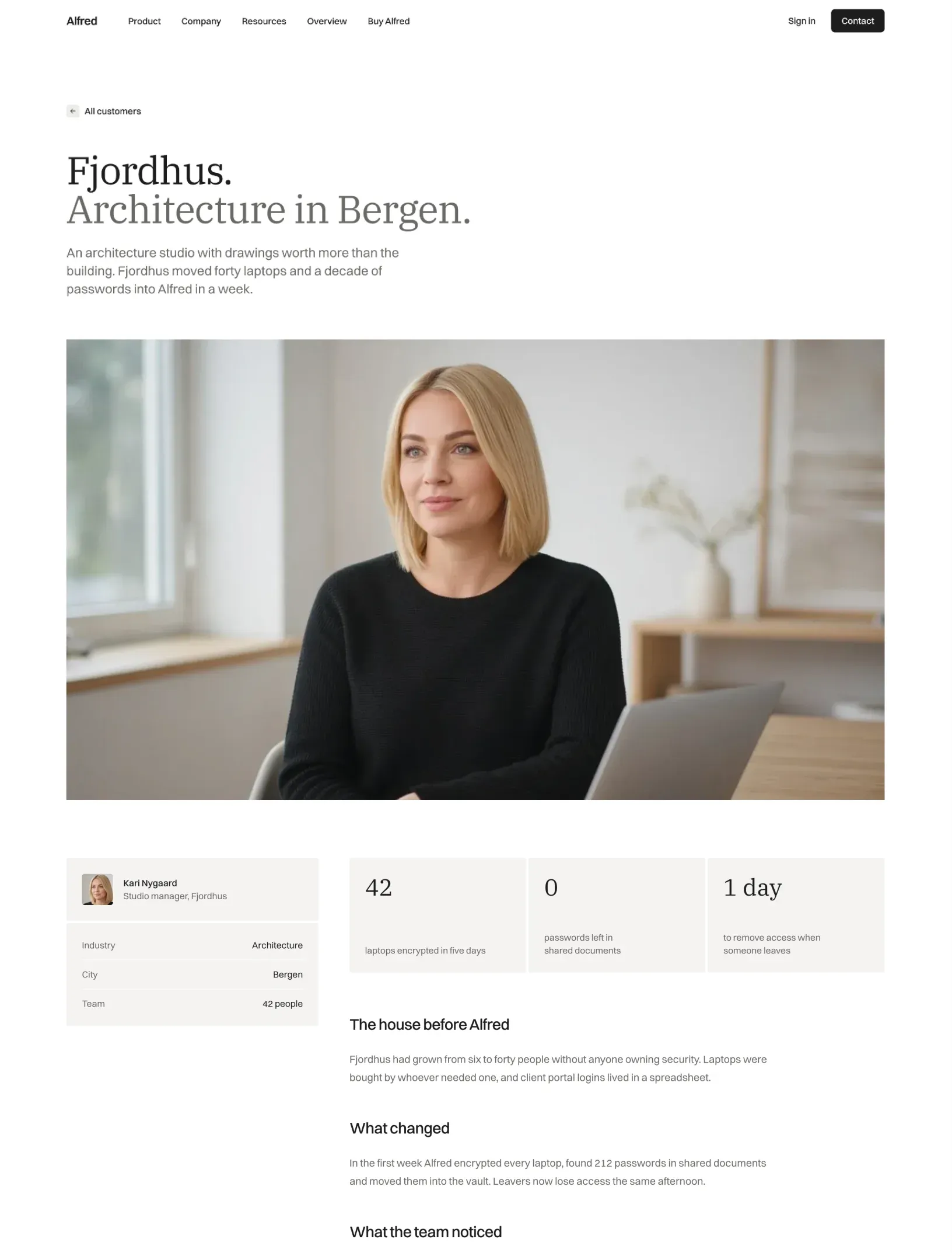 Alfred customer story for Fjordhus with a large photo, the studio manager card with facts, three results and the story