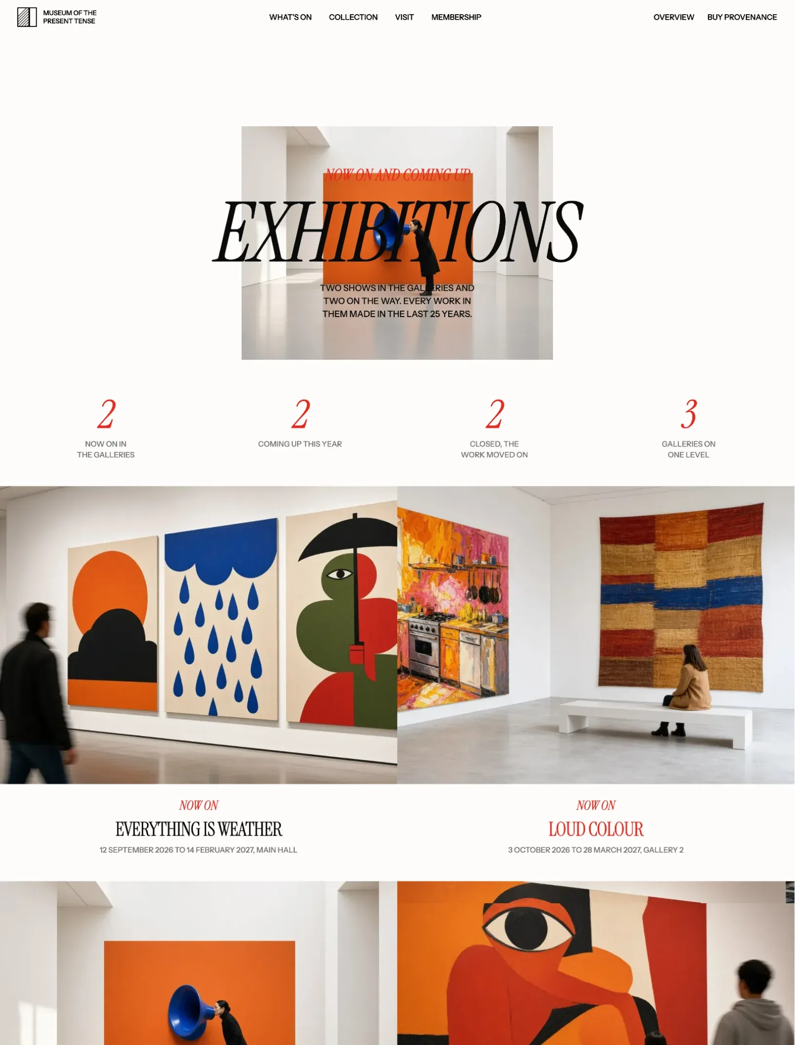 Offcut exhibitions index with a framed slideshow behind the Exhibitions title, four red counters, then exhibition cards with a Now on label, title, dates and gallery