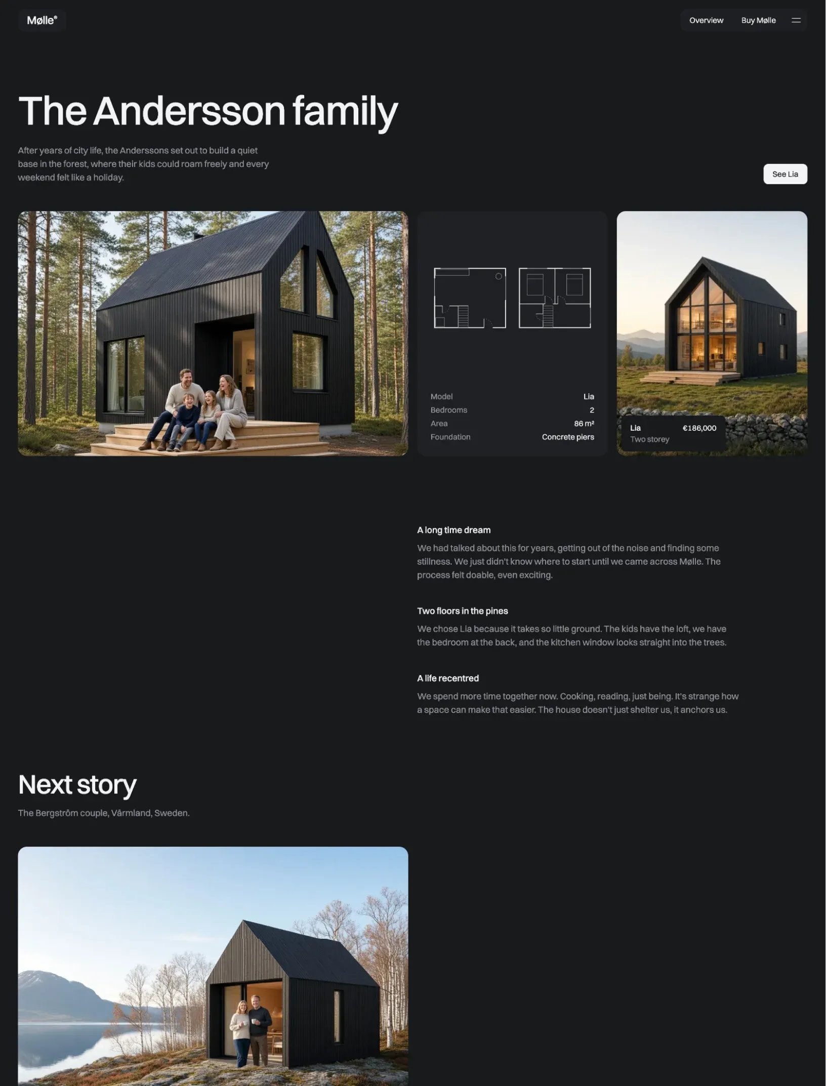 Mølle customer story for the Andersson family with their photo, a card with the Lia floor plan and details, and a card linking to Lia