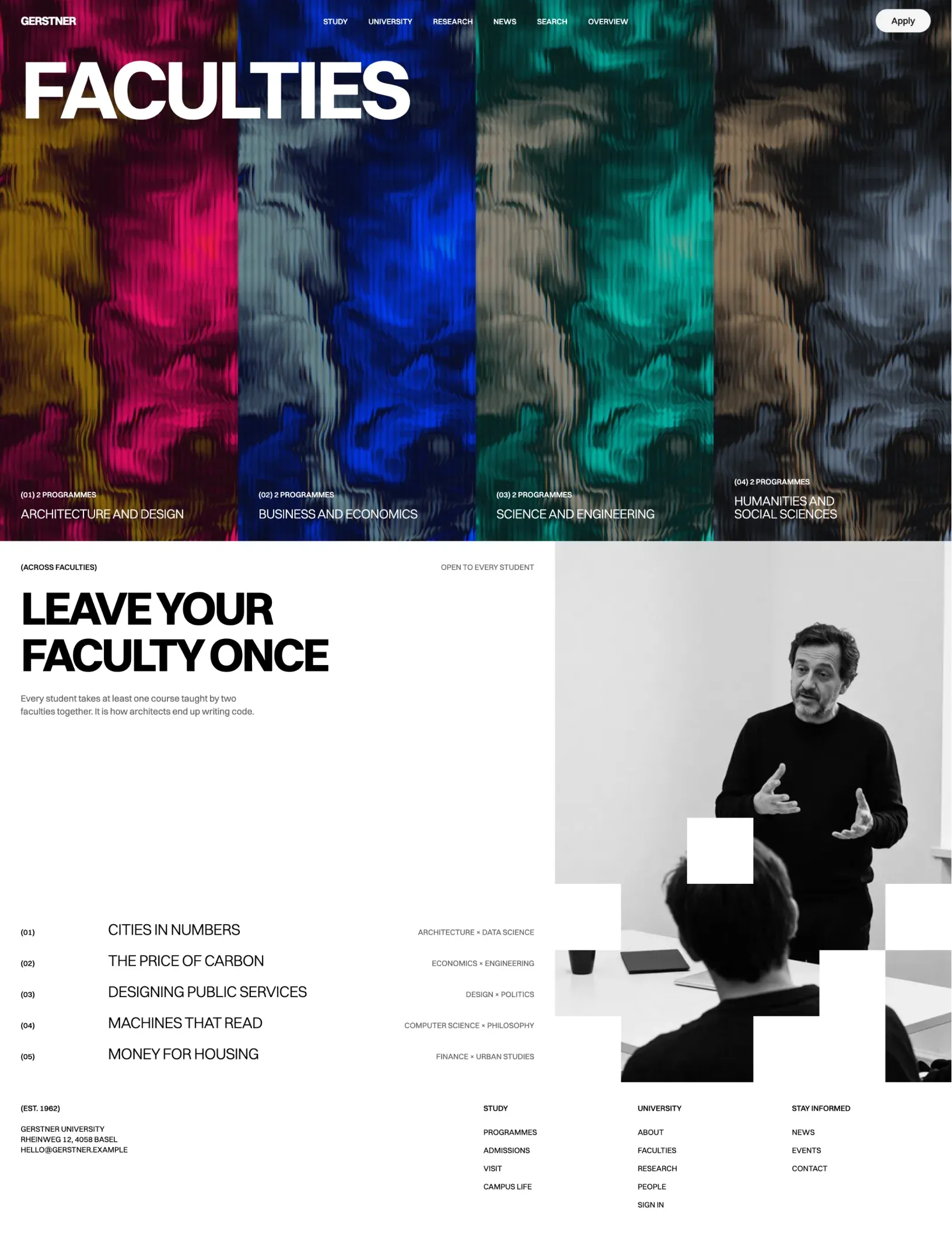 Gerstner faculties page with four colour shader panels and a list of cross-faculty courses