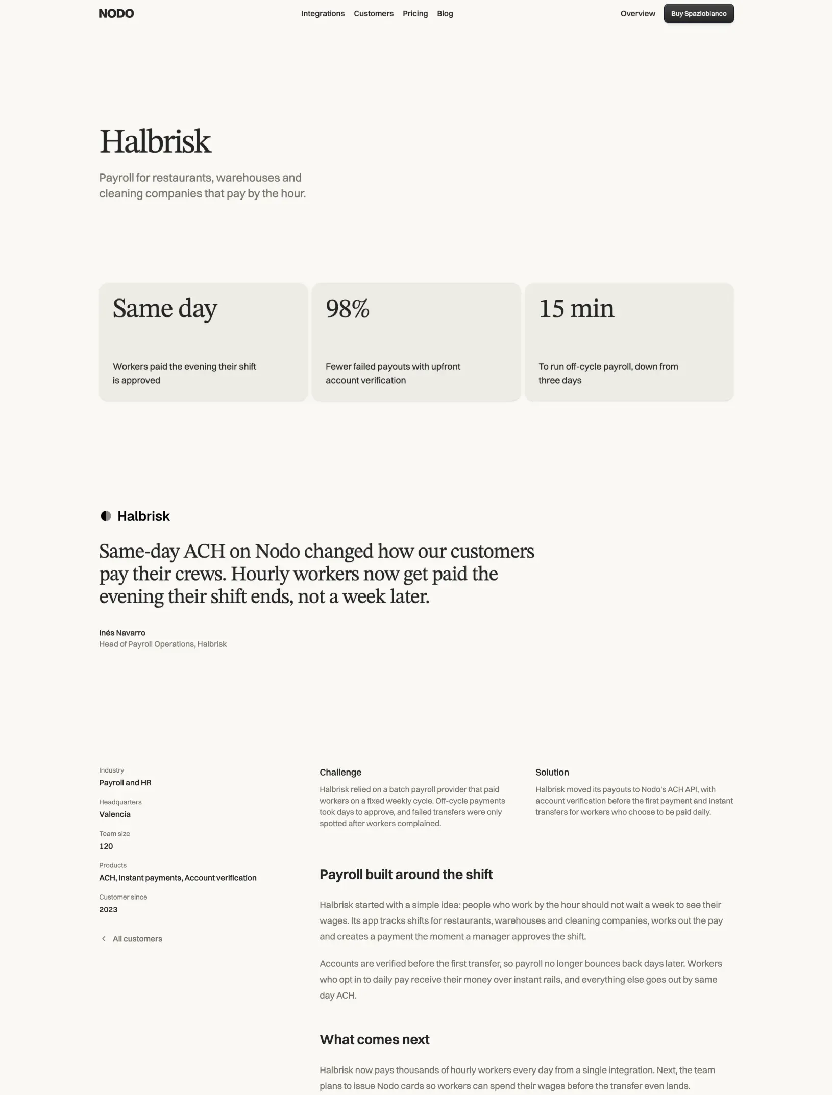 Spaziobianco customer story with numbered results, a named quote and sticky company facts