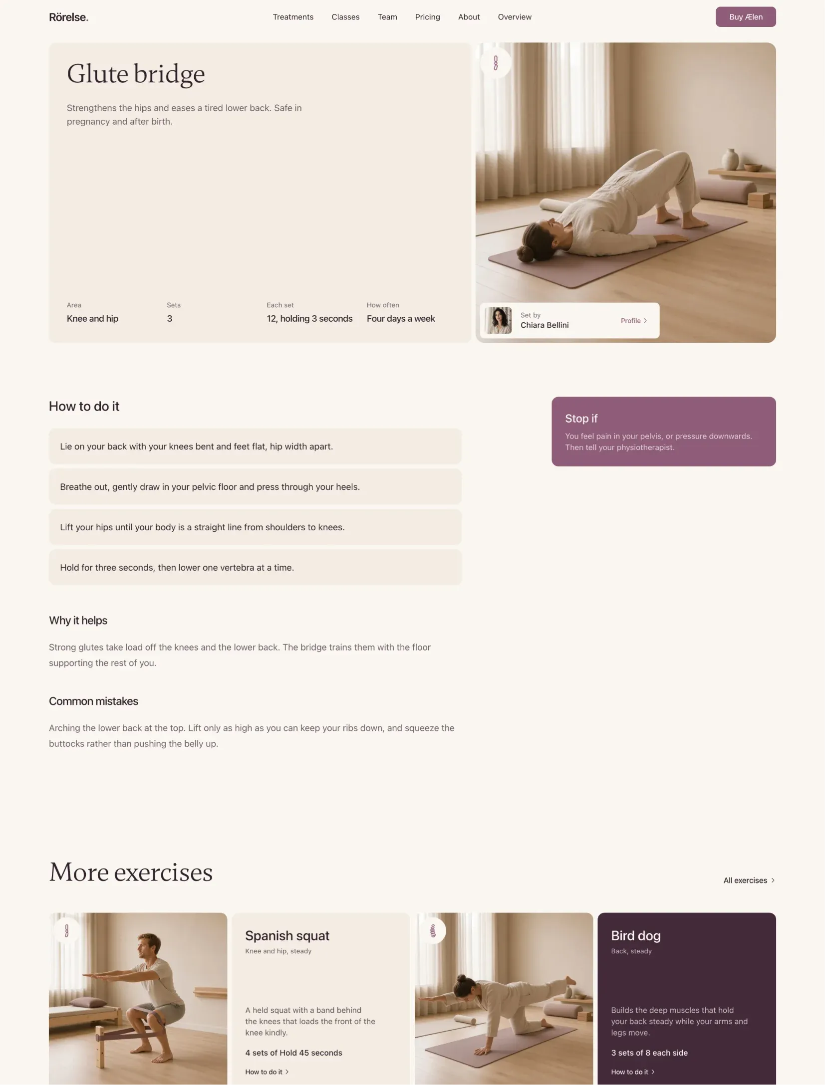 Ælen exercise page for the glute bridge with sets, reps and how often, the physiotherapist who set it, step by step tiles and when to stop