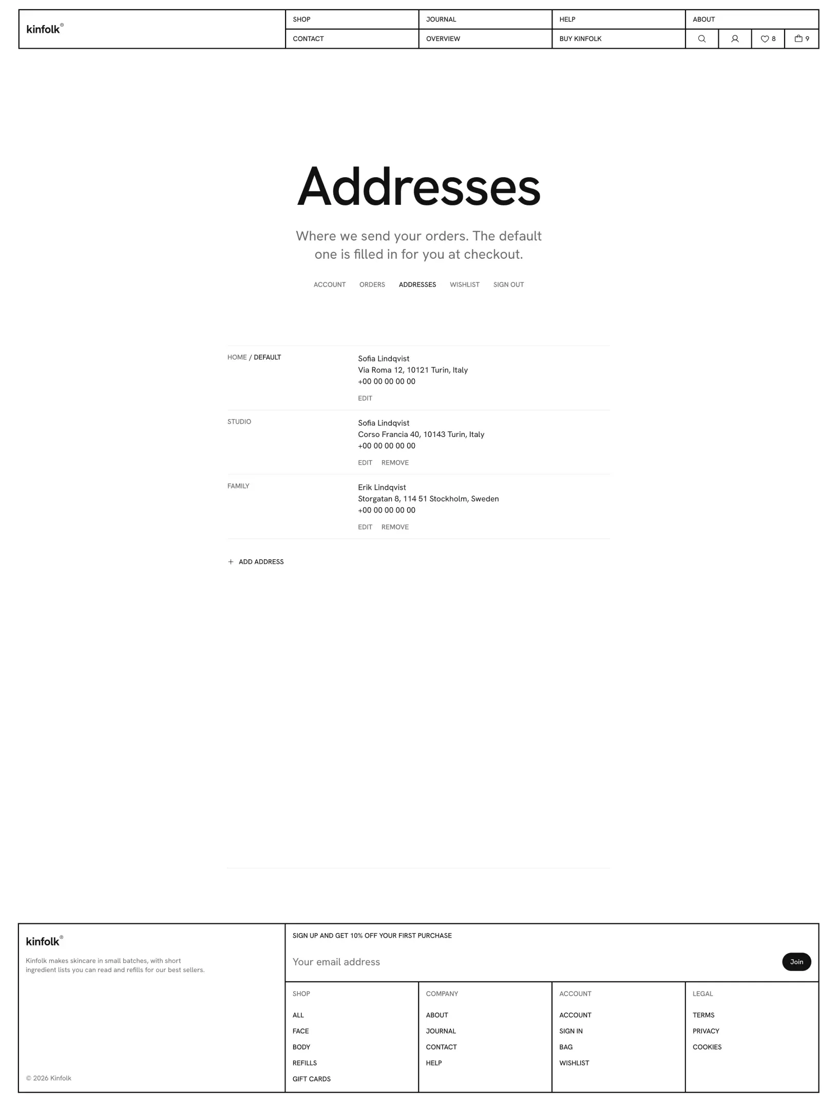 Kinfolk addresses page with home, studio and family addresses as rows with edit and remove links and an Add address link