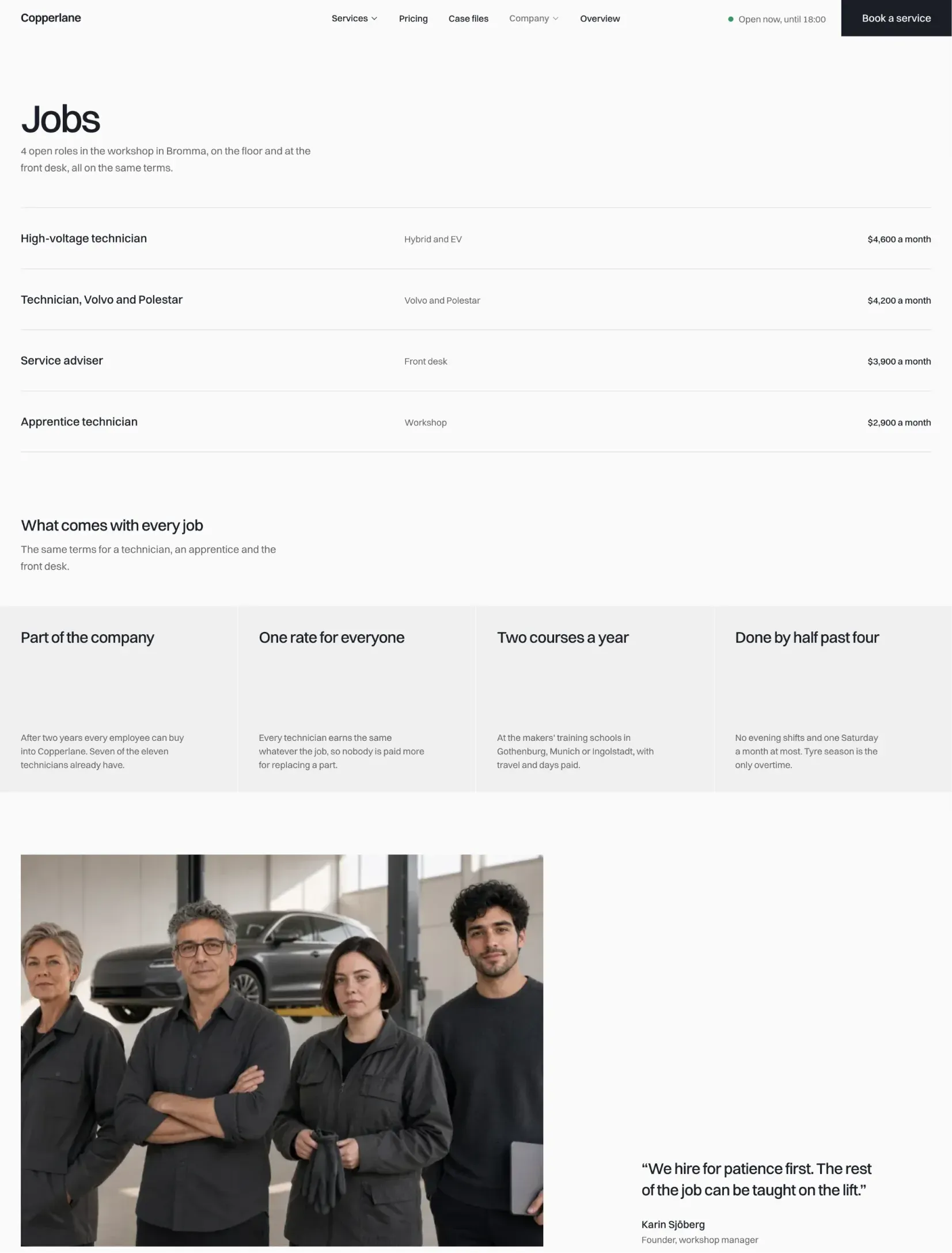 Copperlane jobs page with open roles, salaries and what comes with every job
