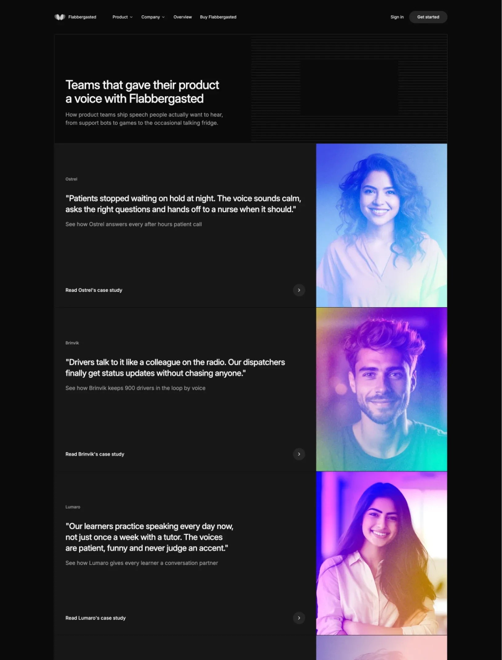 Flabbergasted customers page with each story as a quote, a link to the case study and a tinted portrait