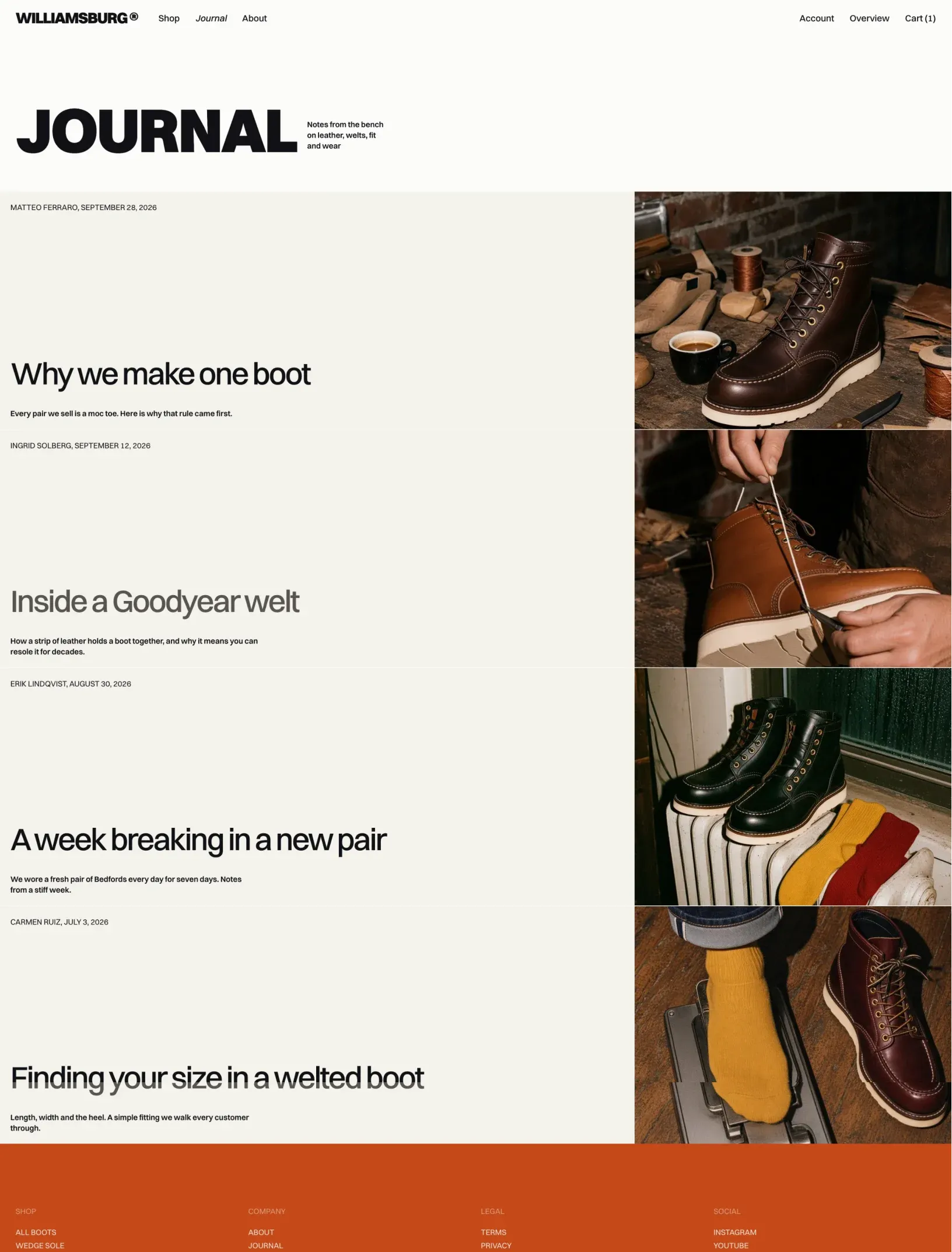 Williamsburg journal with four posts as rows, the author, date, title and description on grey tiles beside each post photo