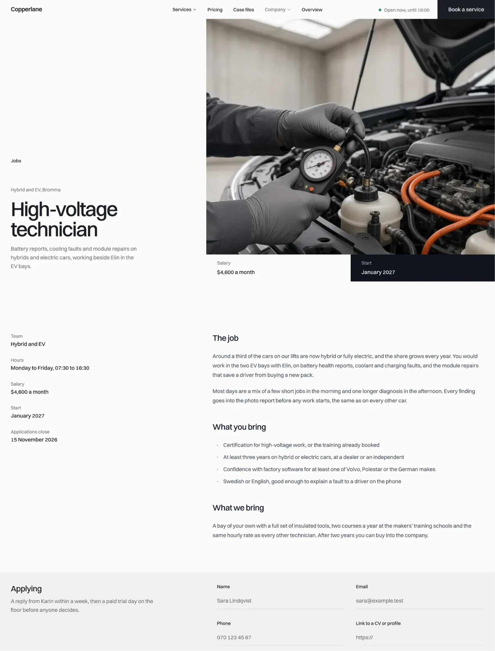 Copperlane job page for a high-voltage technician with an application form