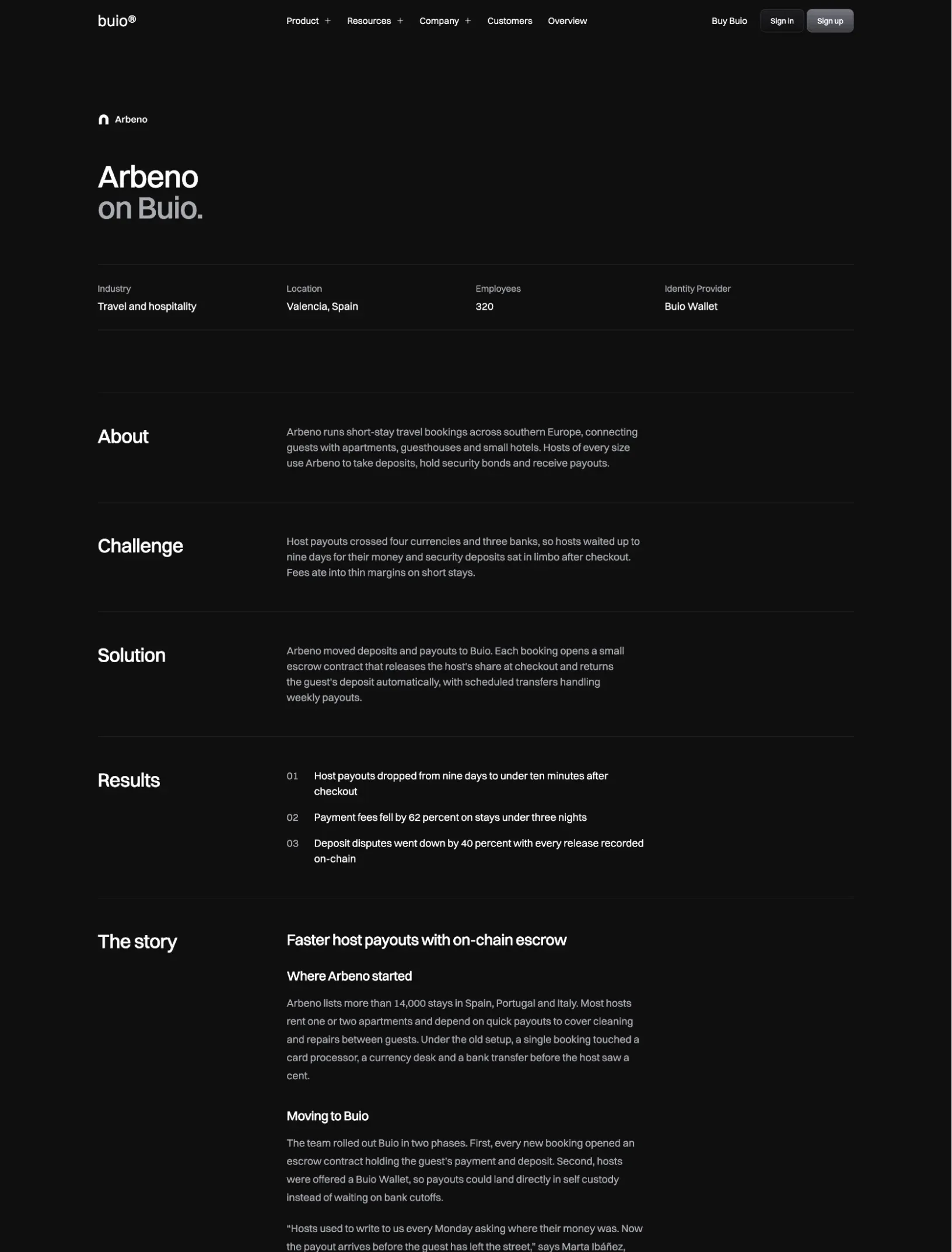 Buio customer story for Arbeno with its details strip and ruled rows for about, challenge, solution, results and the story