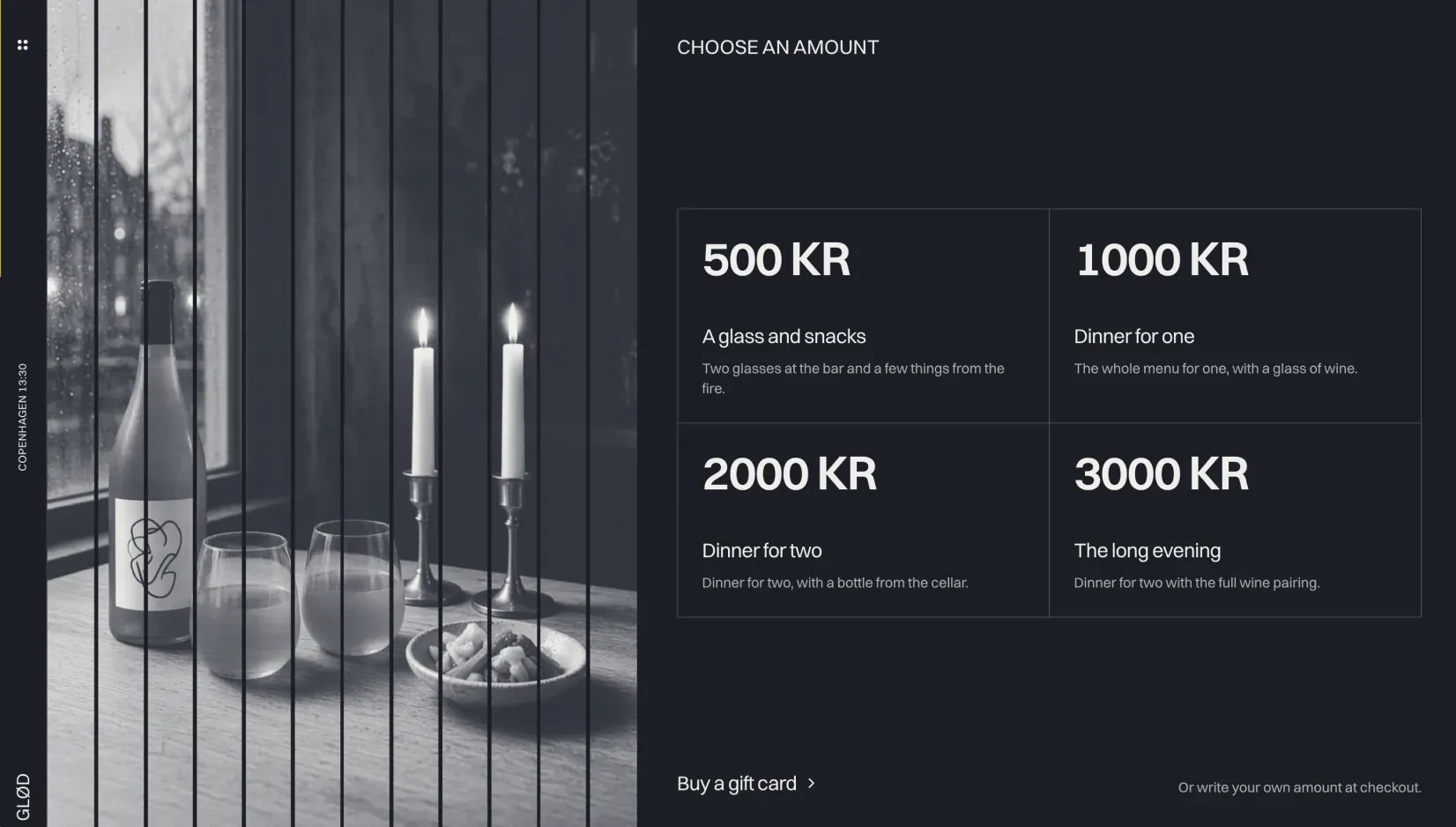Ottis gift card amounts in a four-cell grid on a dark ground beside a candlelit table photo