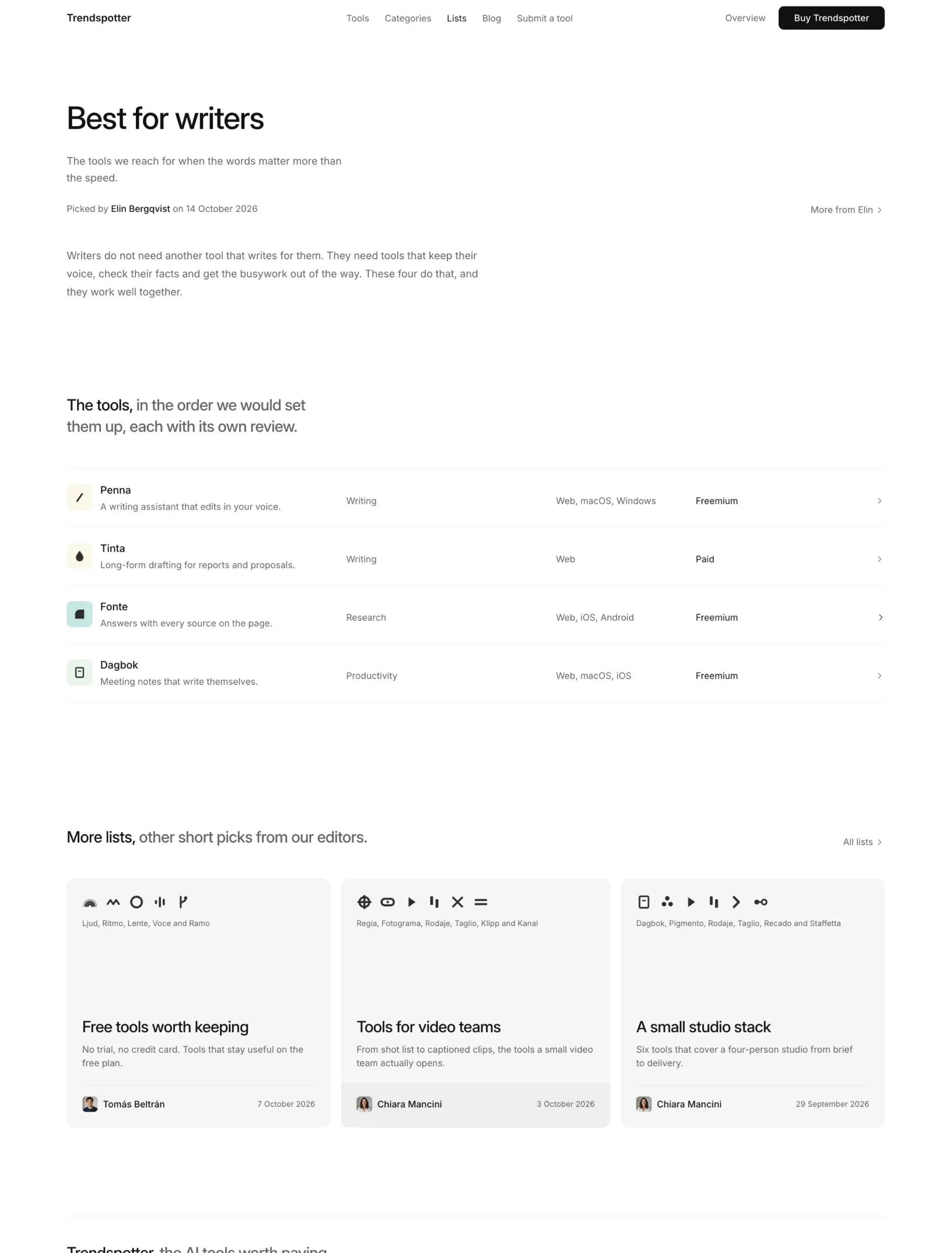 Trendspotter list page for best for writers, picked by Elin Bergqvist, with its four tools and more lists from the editors