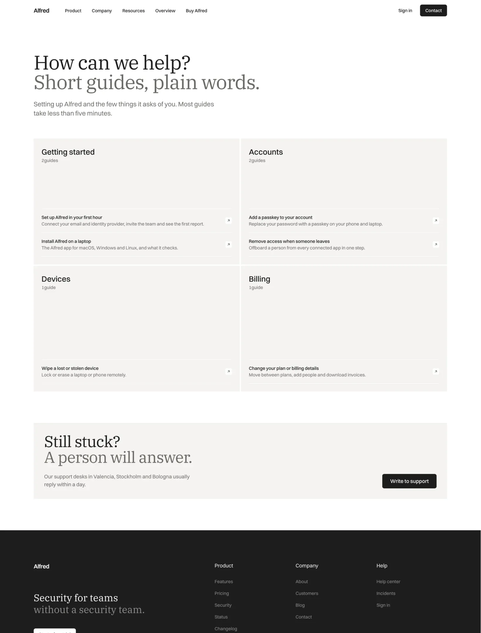 Alfred help center with guides grouped into Getting started, Accounts, Devices and Billing cards, and a Still stuck support card