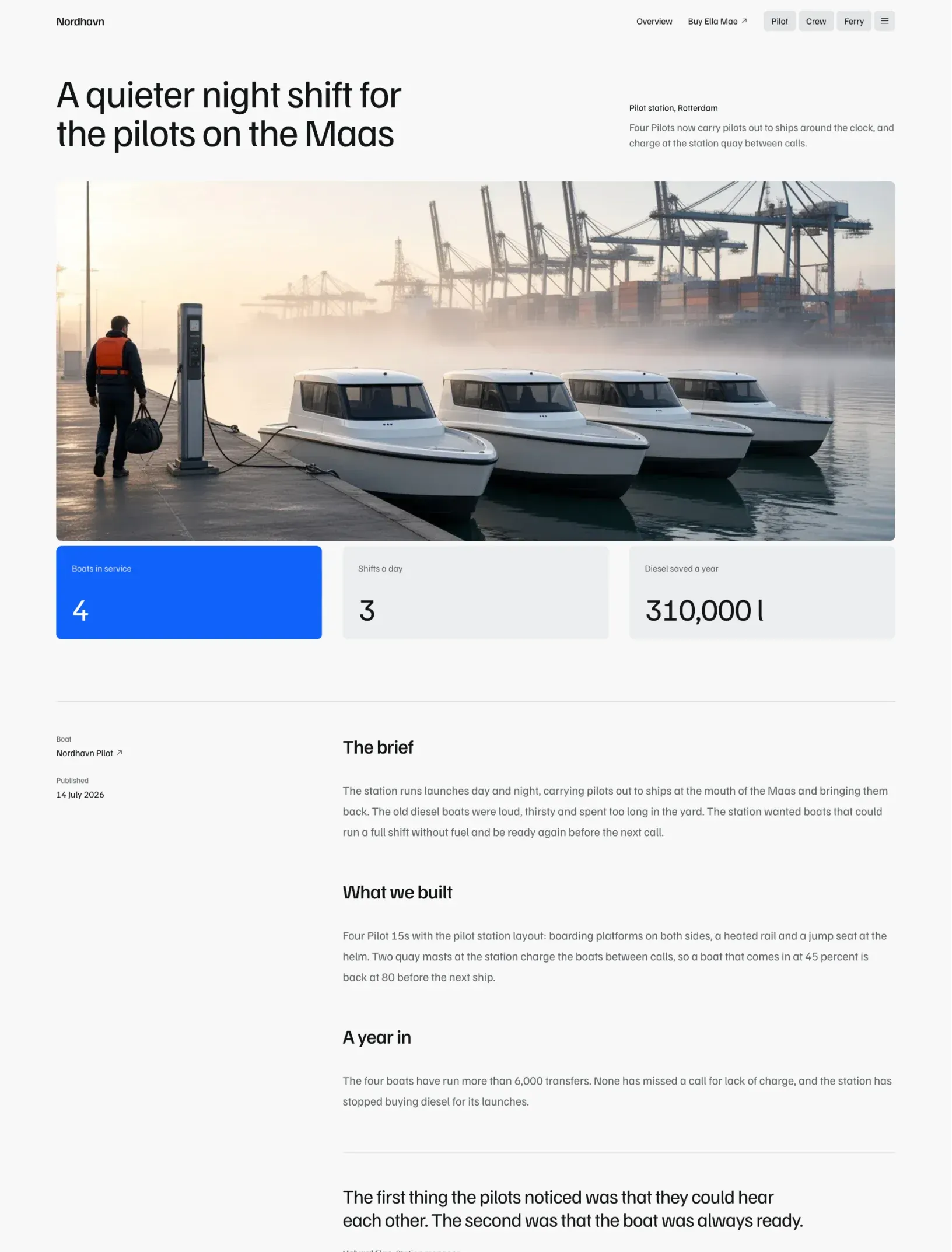 Ella Mae customer story with four pilot boats charging at a misty quay and the key numbers