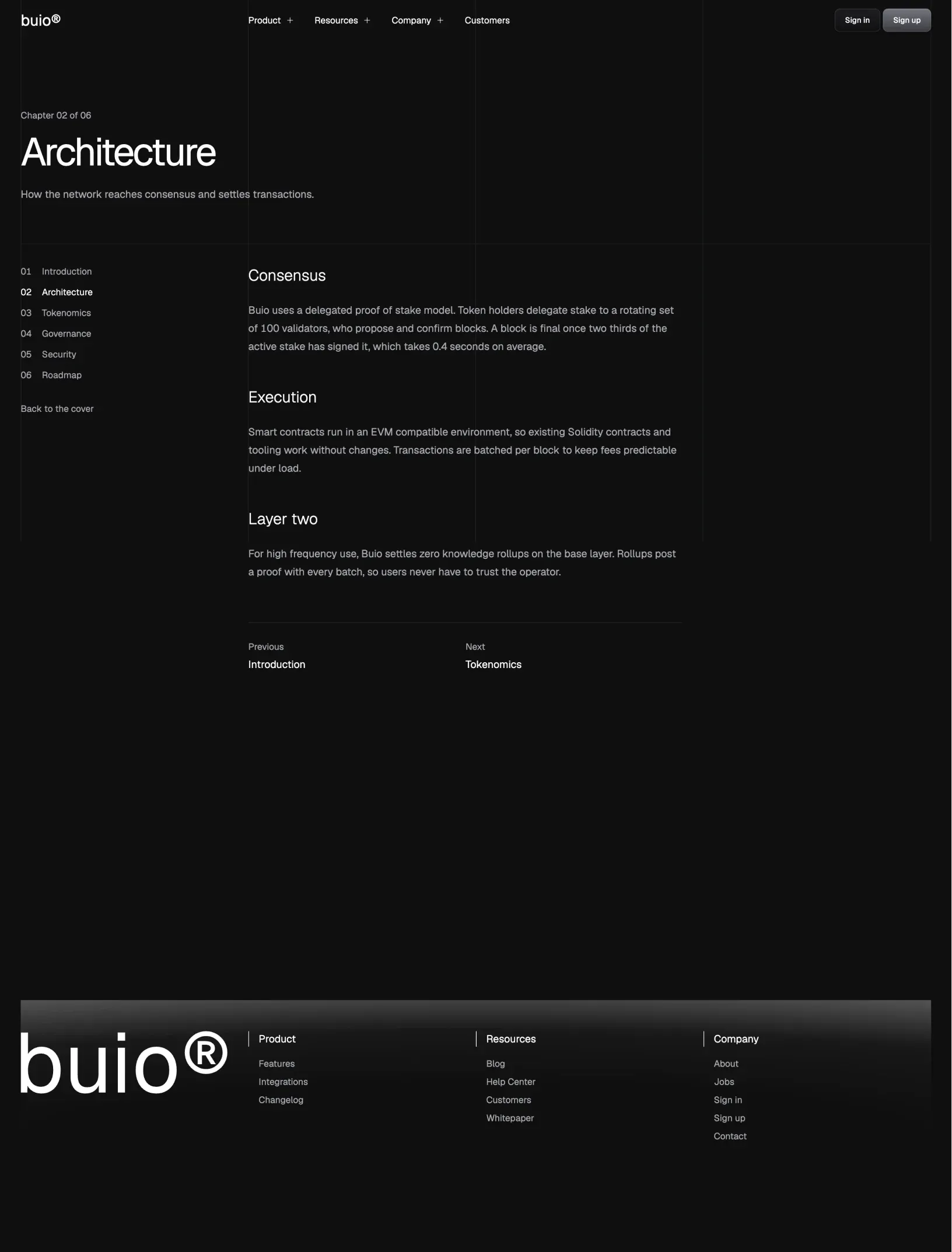 Buio whitepaper chapter on architecture with a sticky chapter list, the text on consensus, execution and layer two, and previous and next links