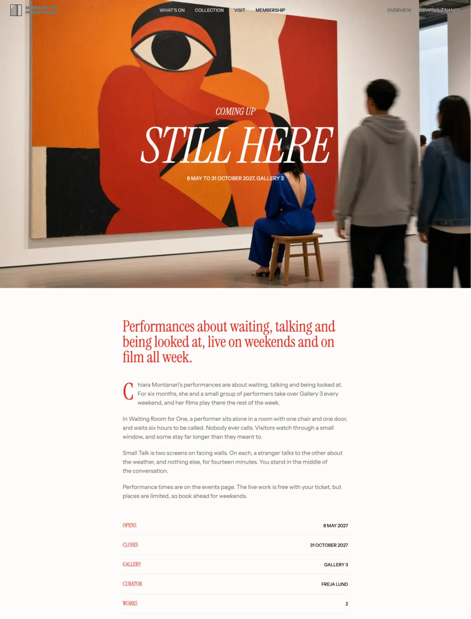 Offcut exhibition page for Still Here with a performer seated in front of a huge orange and black painting, a red lead paragraph, the description with a drop cap and facts for opens, closes, gallery, curator and works