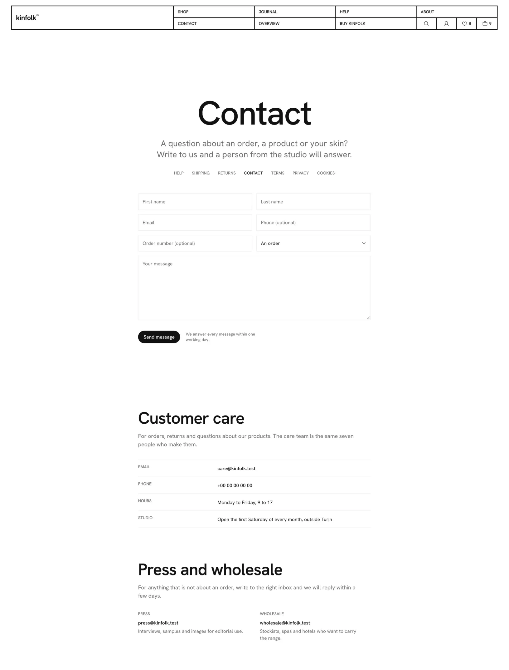 Kinfolk contact page with the service links, a contact form with a topic select, then customer care details and press and wholesale inboxes