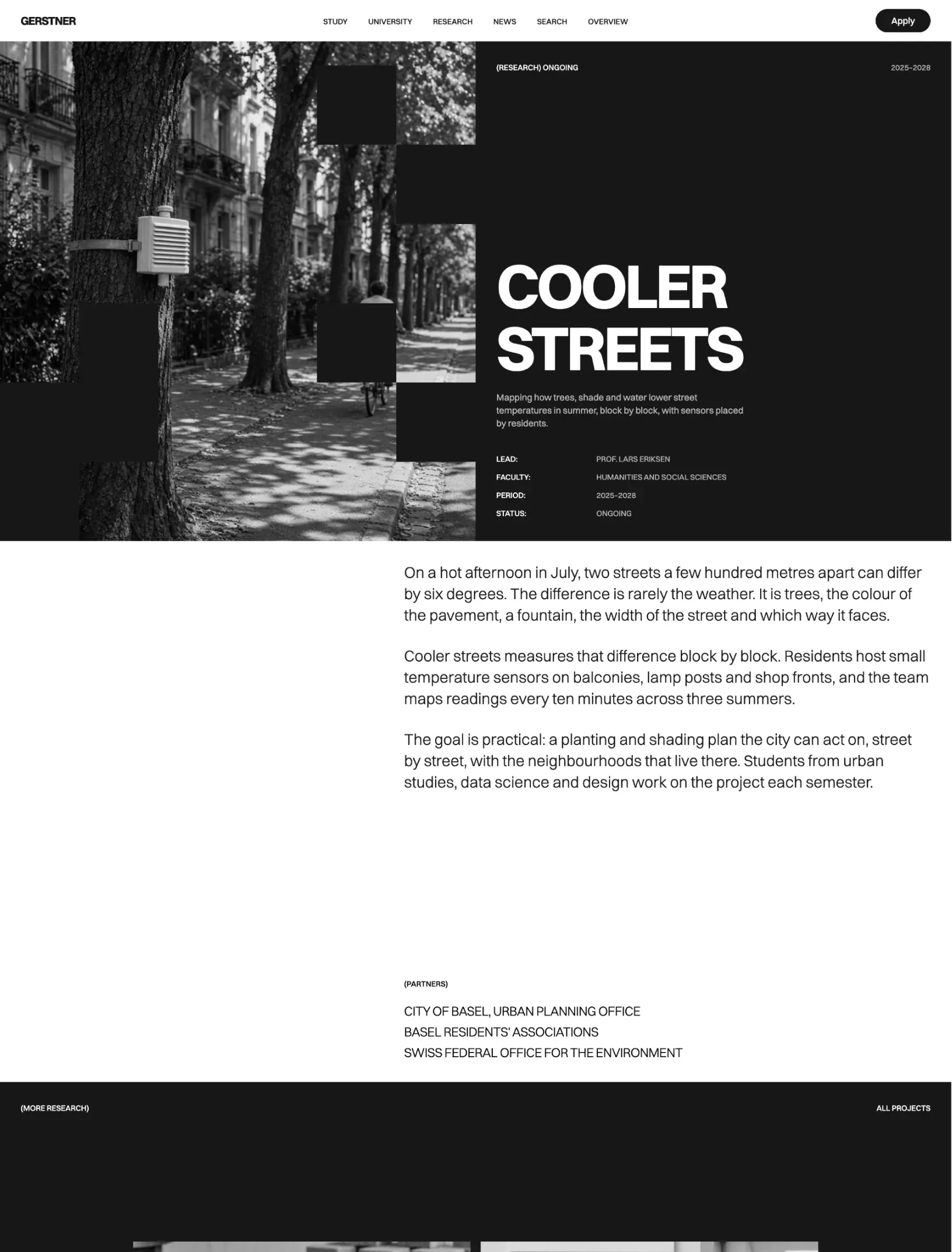 Gerstner research project page with a street photo, project facts, the write-up and partners