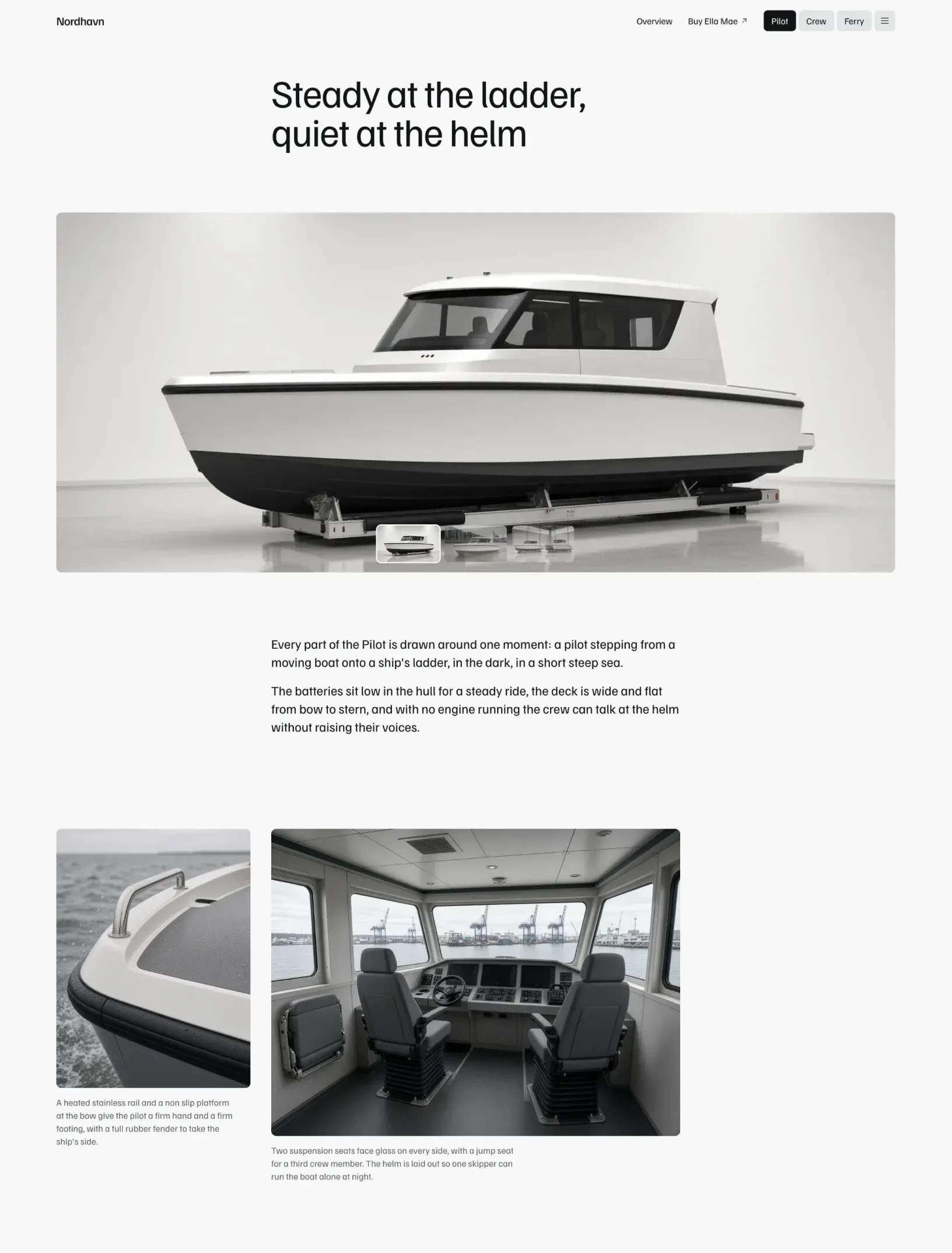Ella Mae model features page with a studio photo of the boat, an intro and detail photos
