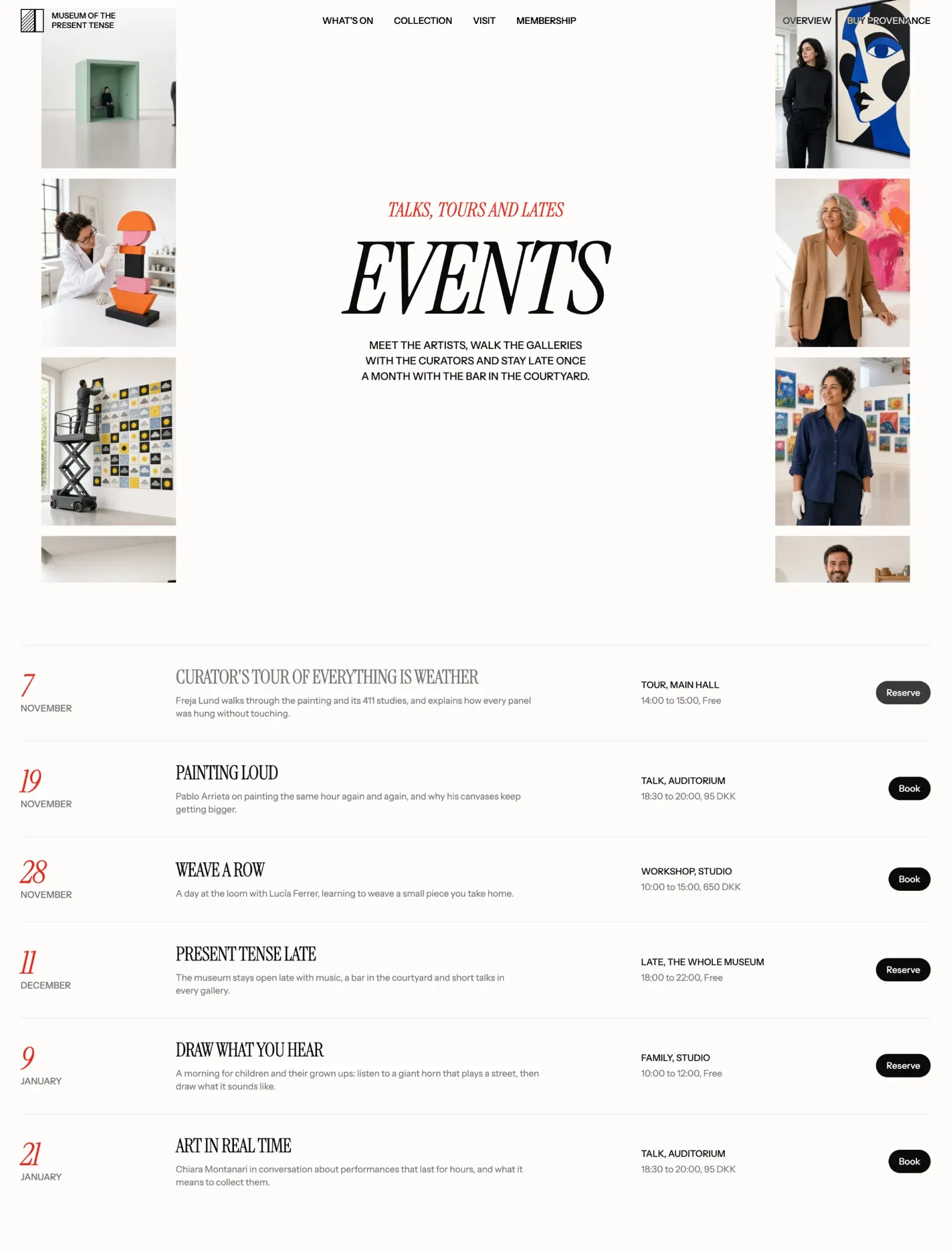 Offcut events index with two columns of photos moving beside the Events title, then the full list of events with red dates, titles, descriptions, rooms, times and prices