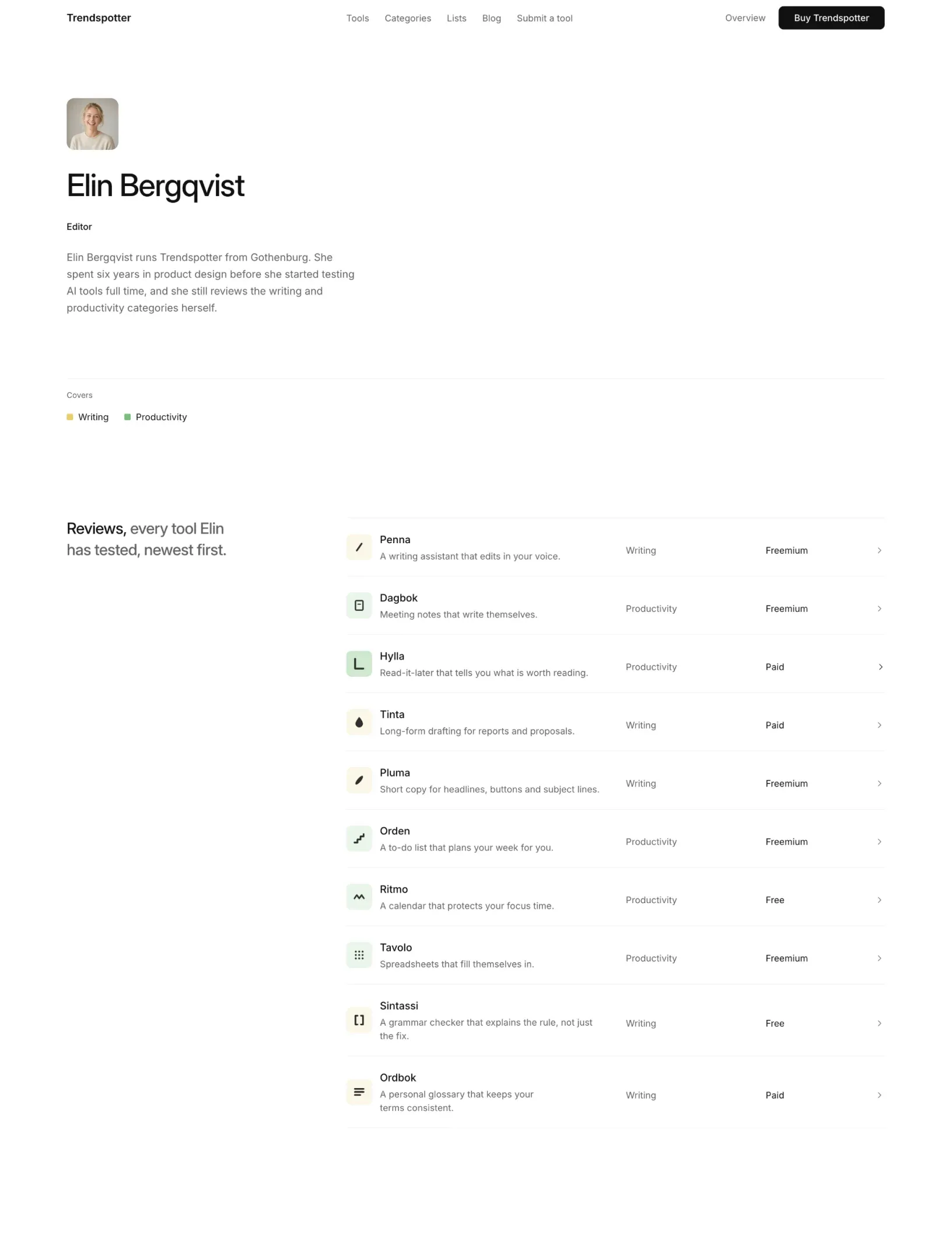 Trendspotter editor page for Elin Bergqvist with her portrait, bio, the categories she covers and every tool she has reviewed