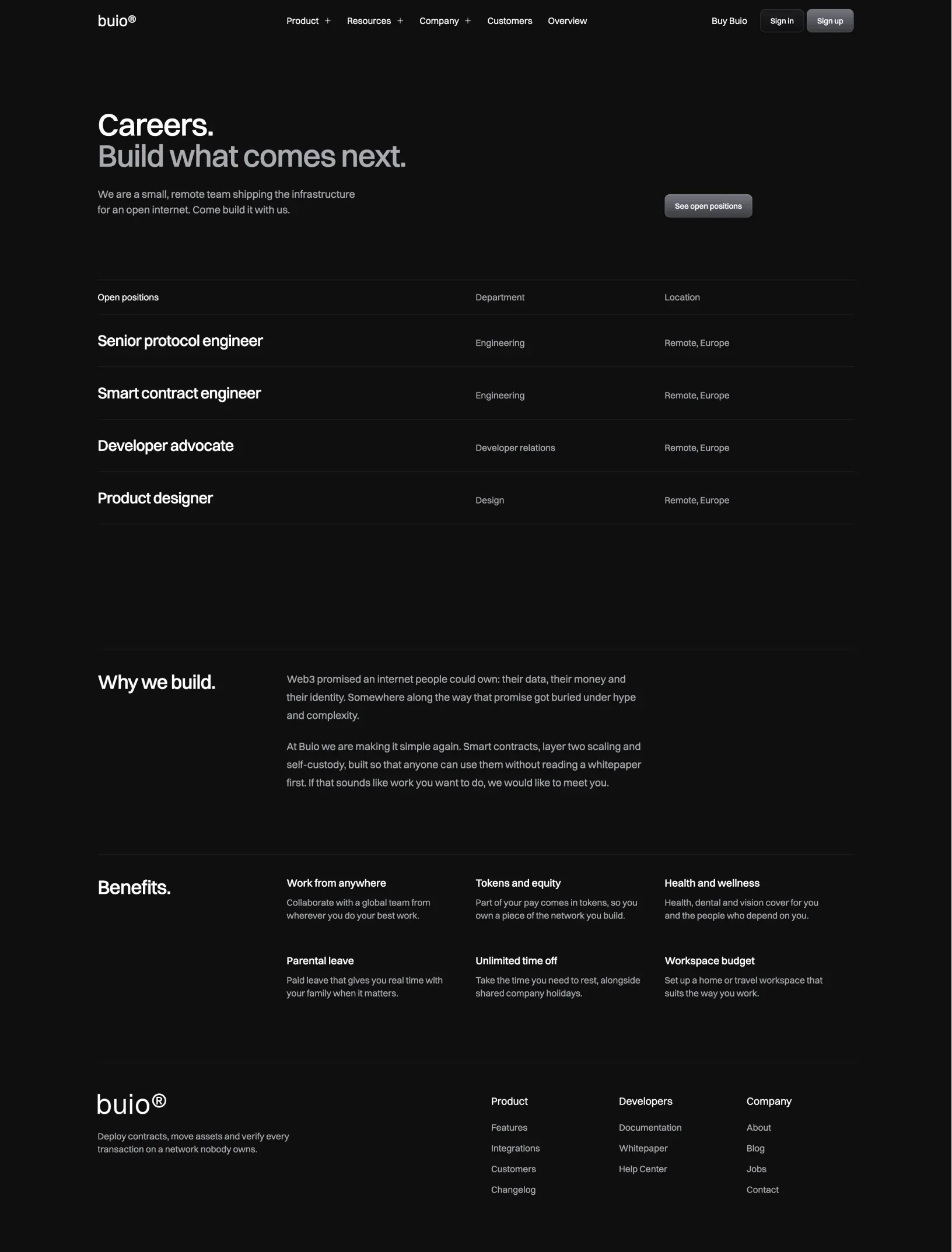 Buio careers page with four open roles by department and location, why we build and six benefits
